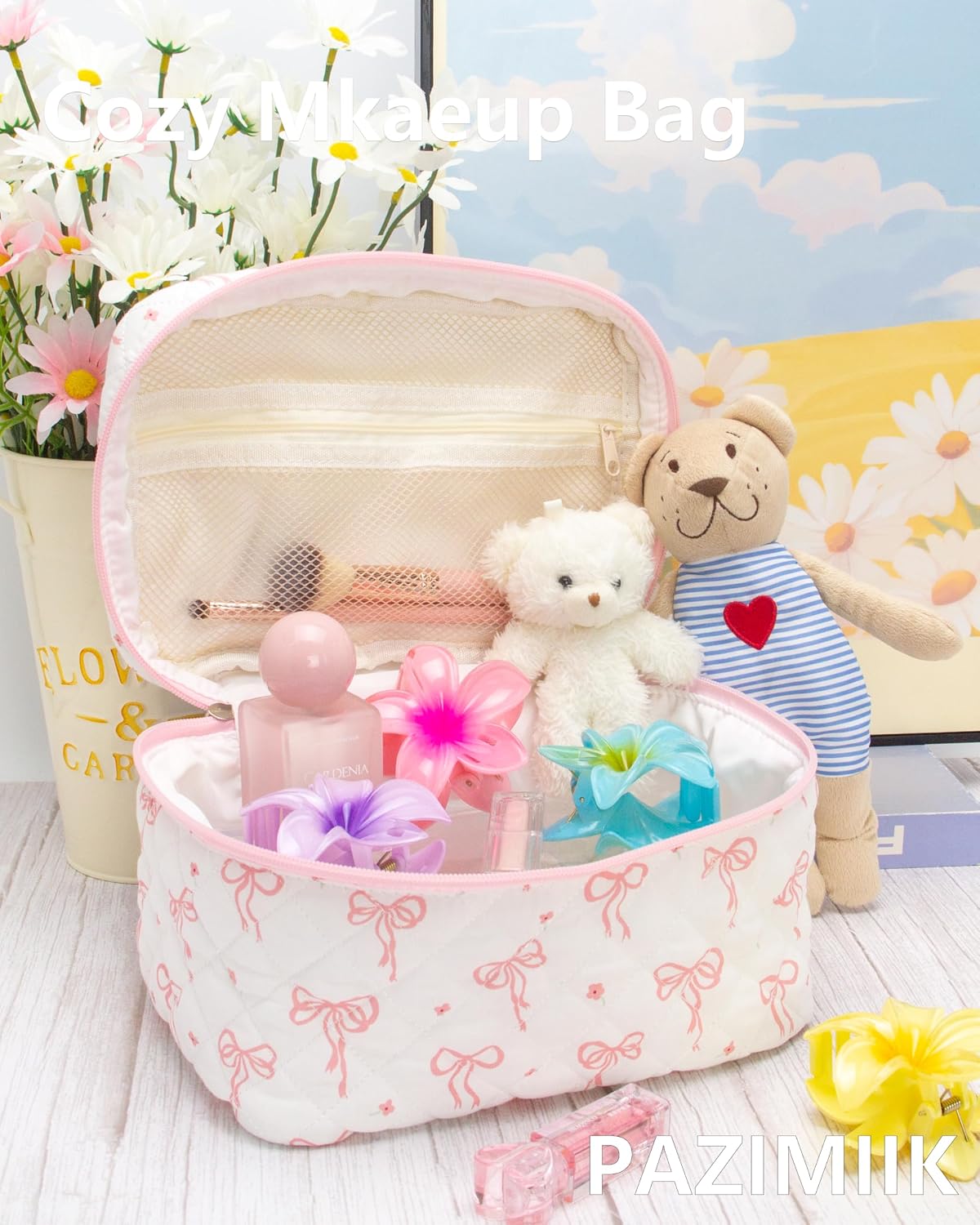 3 Piece Quilted Makeup Bag Set for Women,Cosmetic&Toiletry Bag,Bow Pink