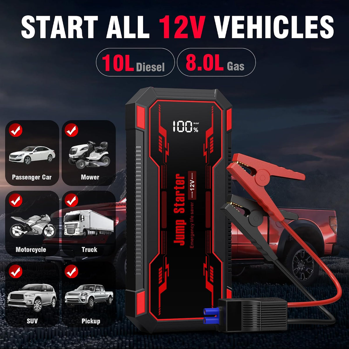 Car Jump Starter 6000A Car Battery Jump Starter Portable,12V Battery Jumper Starter Portable(10.0L Gas/8.0L Diesel),LCD Display Jump Box Jump Starter Battery Pack with Jumper Cables & Flashlight-Red