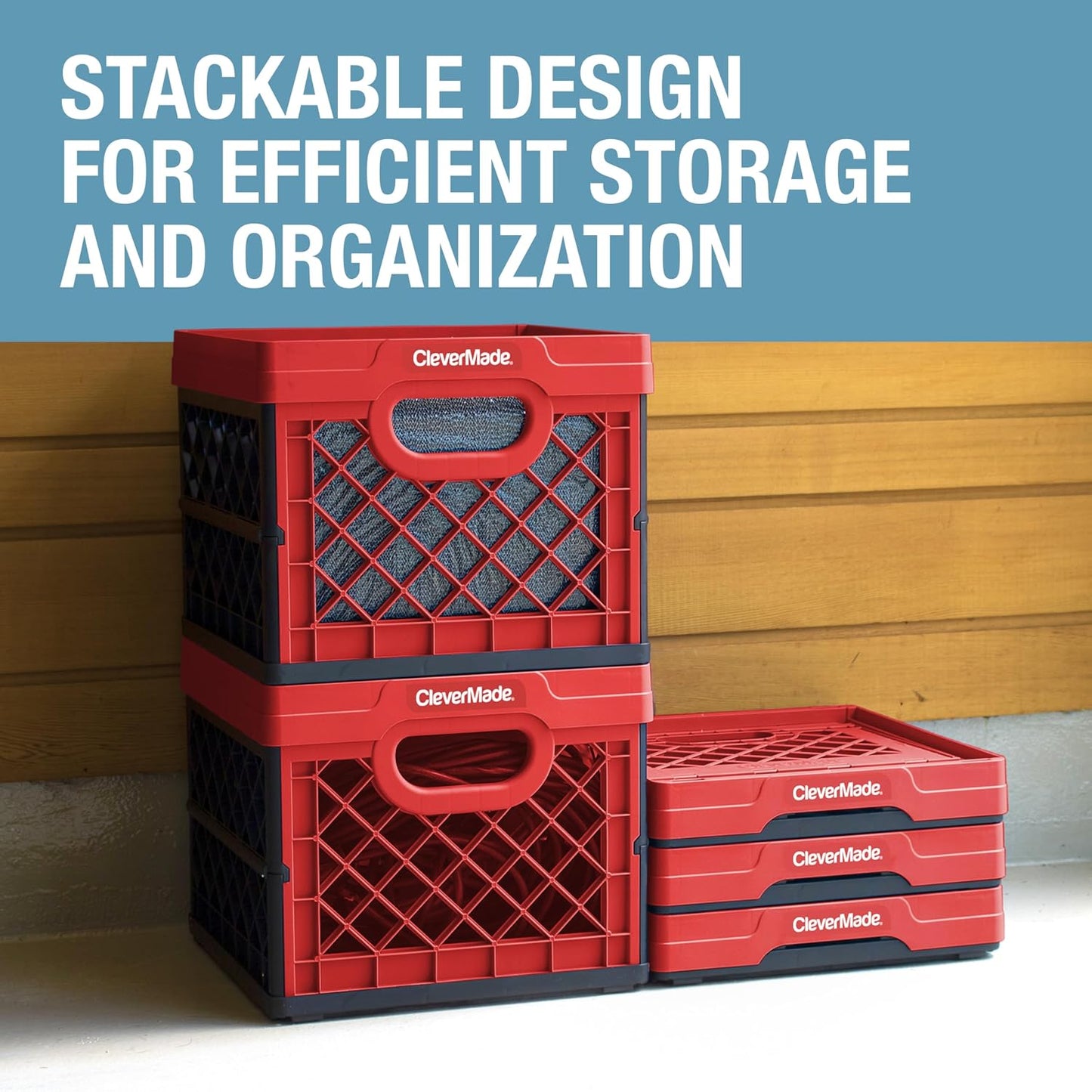 CleverMade Heavy Duty Collapsible Milk Crate, 25L, 6.6 Gal, 50 lb, Red | Stackable plastic storage crate with file rails for hanging folders and organizes garages, classrooms, offices and car trunks