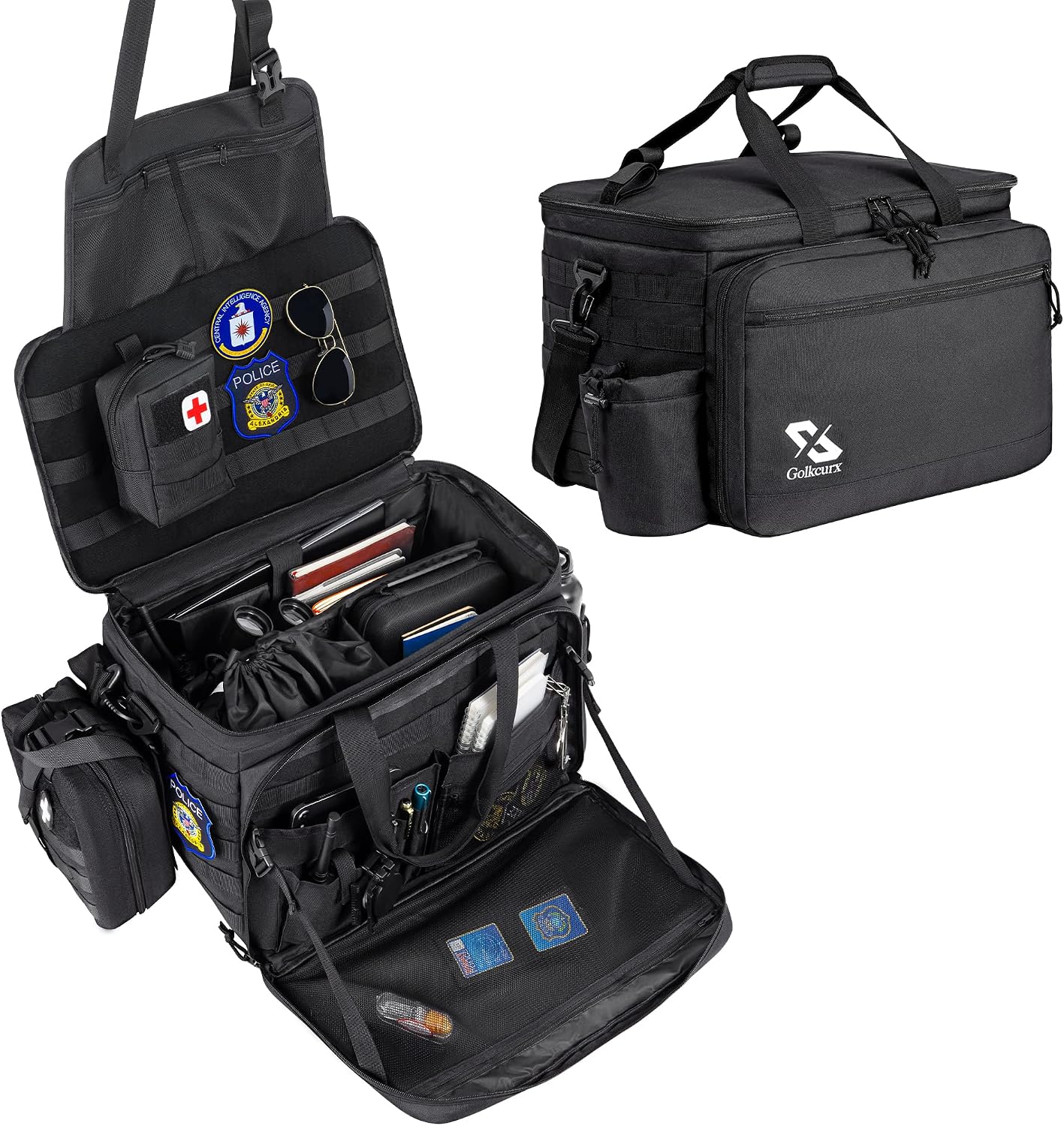 Golkcurx Patrol Bag for Law Enforcement Police Gear, Water-resistant, Black | Heavy Duty Police Duty Bag, Front Seat Organizer, Adjustable Modular Interior, MOLLE System, for Patrol Officers Security