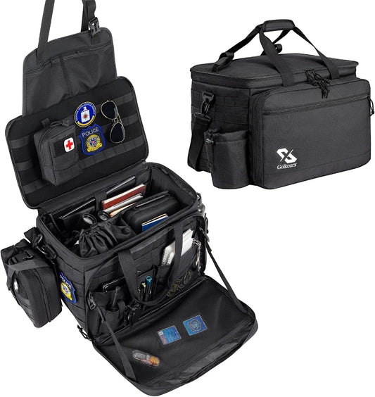 Golkcurx Patrol Bag for Law Enforcement Police Gear, Water-resistant, Black | Heavy Duty Police Duty Bag, Front Seat Organizer, Adjustable Modular Interior, MOLLE System, for Patrol Officers Security