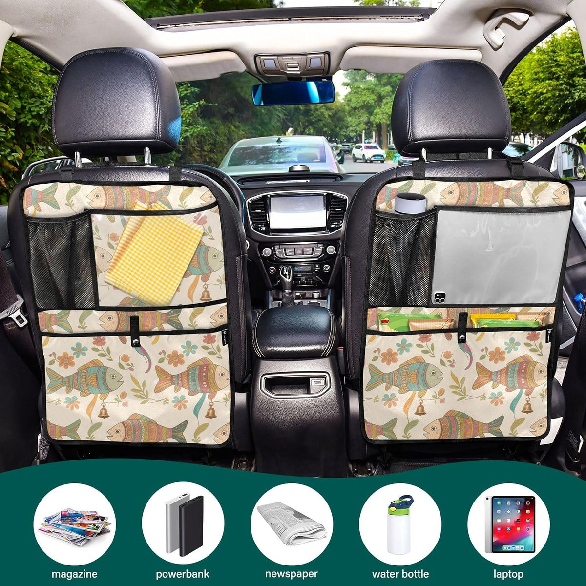 Car Back Seat Organizer with Fish Pattern, Multi-Pocket Storage Bag, Beige, Polyester, 25x18 Inch, Mesh Cup Holder, PVC Tablet Pocket, Kick Mat Protector