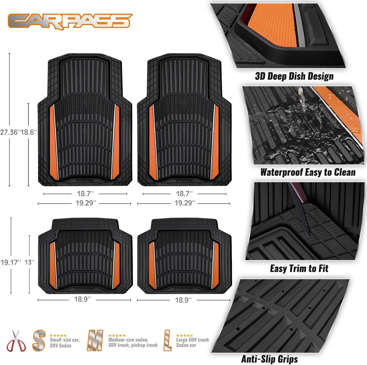 CAR PASS Heavy Duty Rubber Car Floor Mats, Deep Waterproof Car Floor Mats All Weather, Aluminum Film Floor Mats for Cars Non-Slip Universal Trim Fit for SUVs Trucks Sedans Vans, Black Orange Metallic