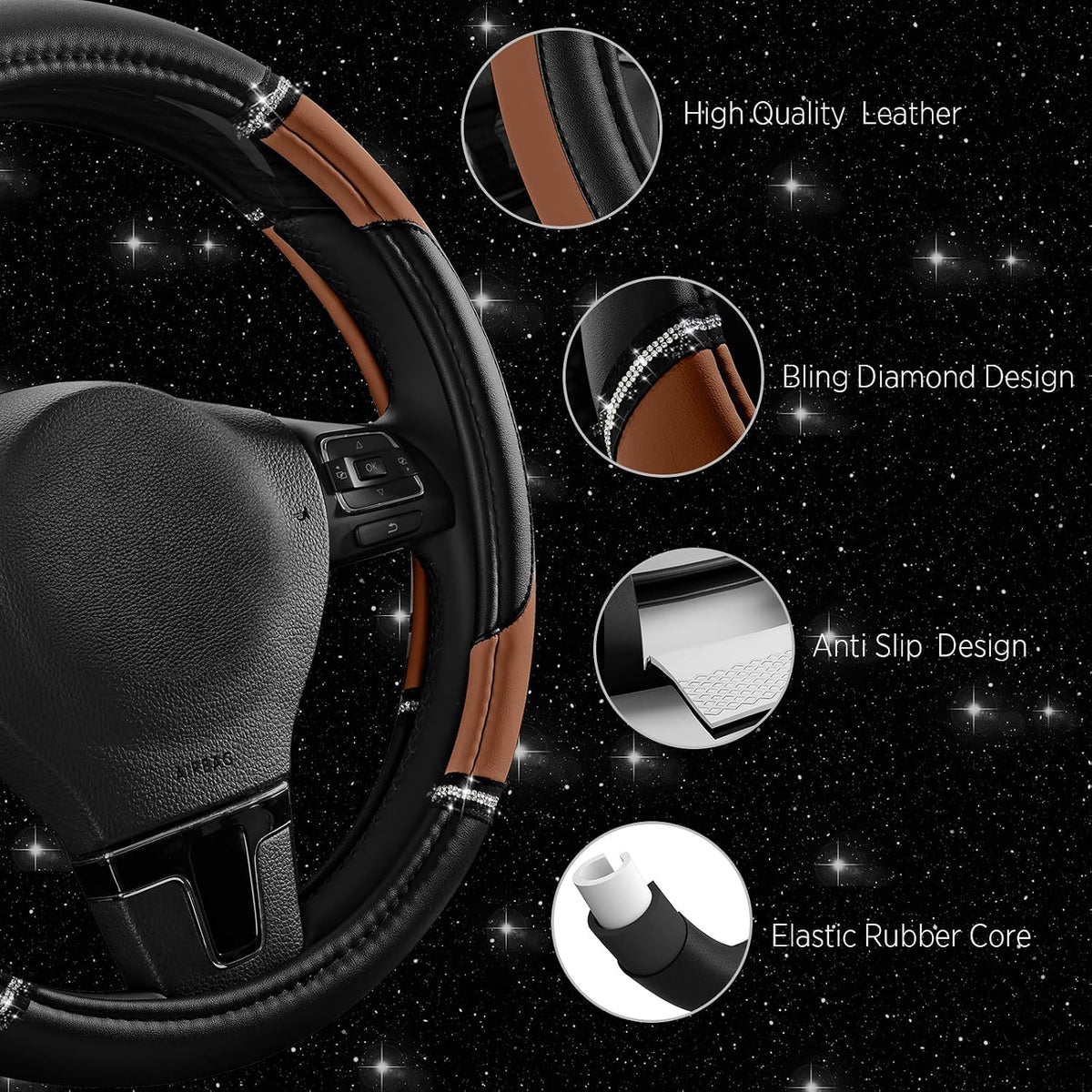 Road Comforts Leather Steering Wheel Cover - Made with PVC Leather Bling Design - Anti-Slip Wheel Cover Universal Fit Most 14 1/2 inches to 15 inches - Brown Color