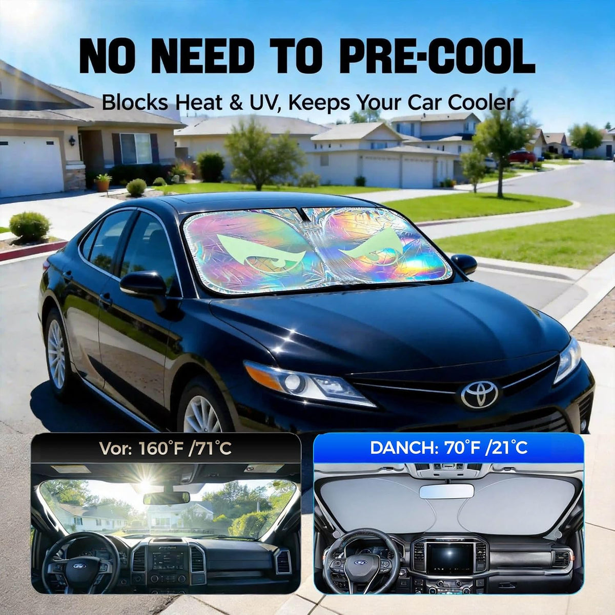 Night Glow Eyes Car Windshield Shade, 230T Holographic Foil, Adjustable Size