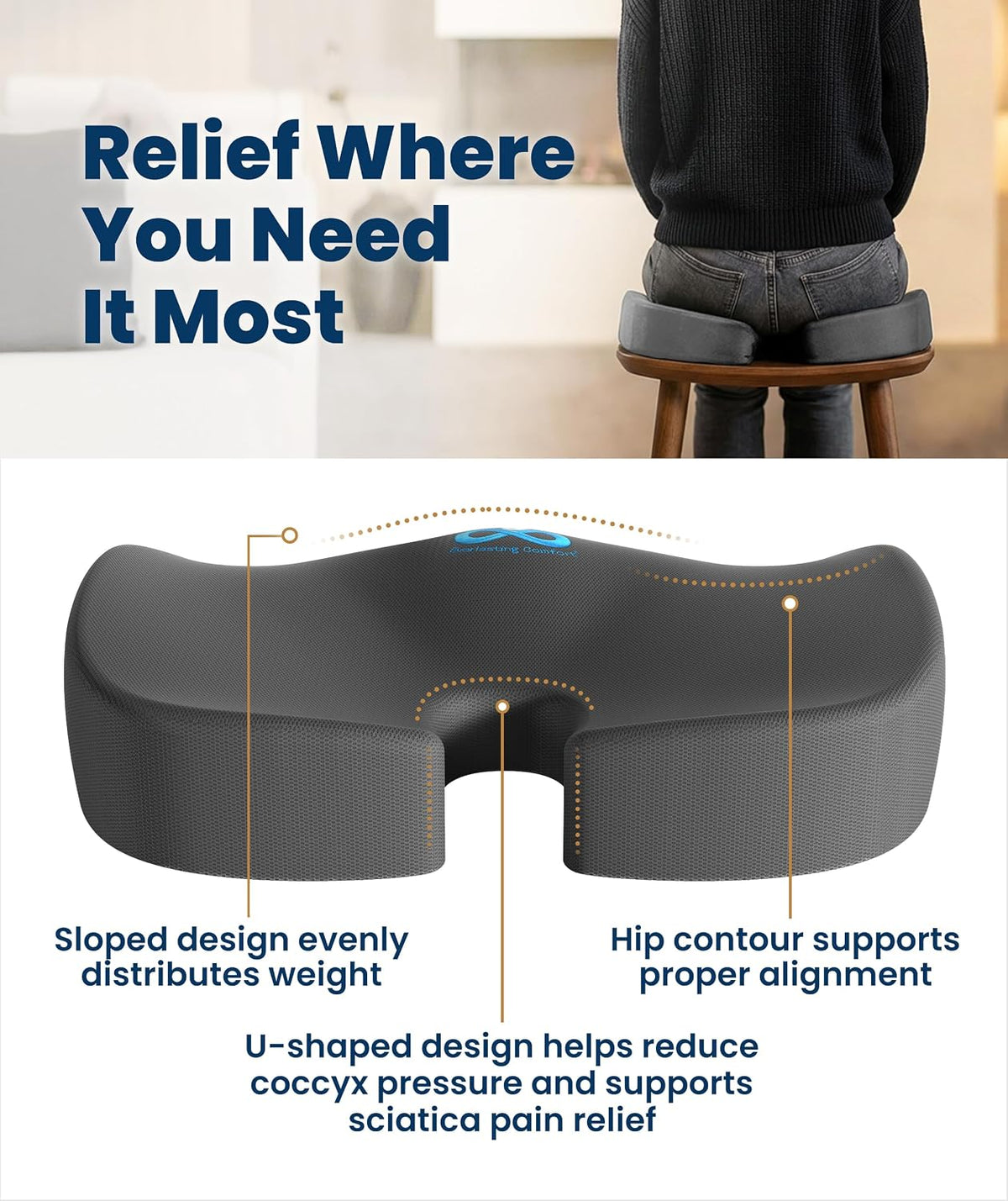 Everlasting Comfort Doctor Recommended Memory Foam Seat Cushion for Office Chairs & Car - Ergonomic Office Desk Accessories - Cushions for Tailbone Pain Relief, Sciatica (Gray, Large)