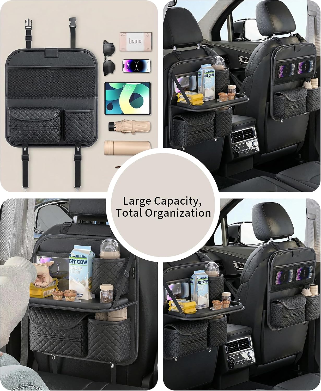 PU Leather Backseat Car Organizer with Foldable Tray & Tablet Holder, Luxury Diamond Stitching Design, Universal Car Seat Storage Organizer for Kids & Family Travel Accessories, Black