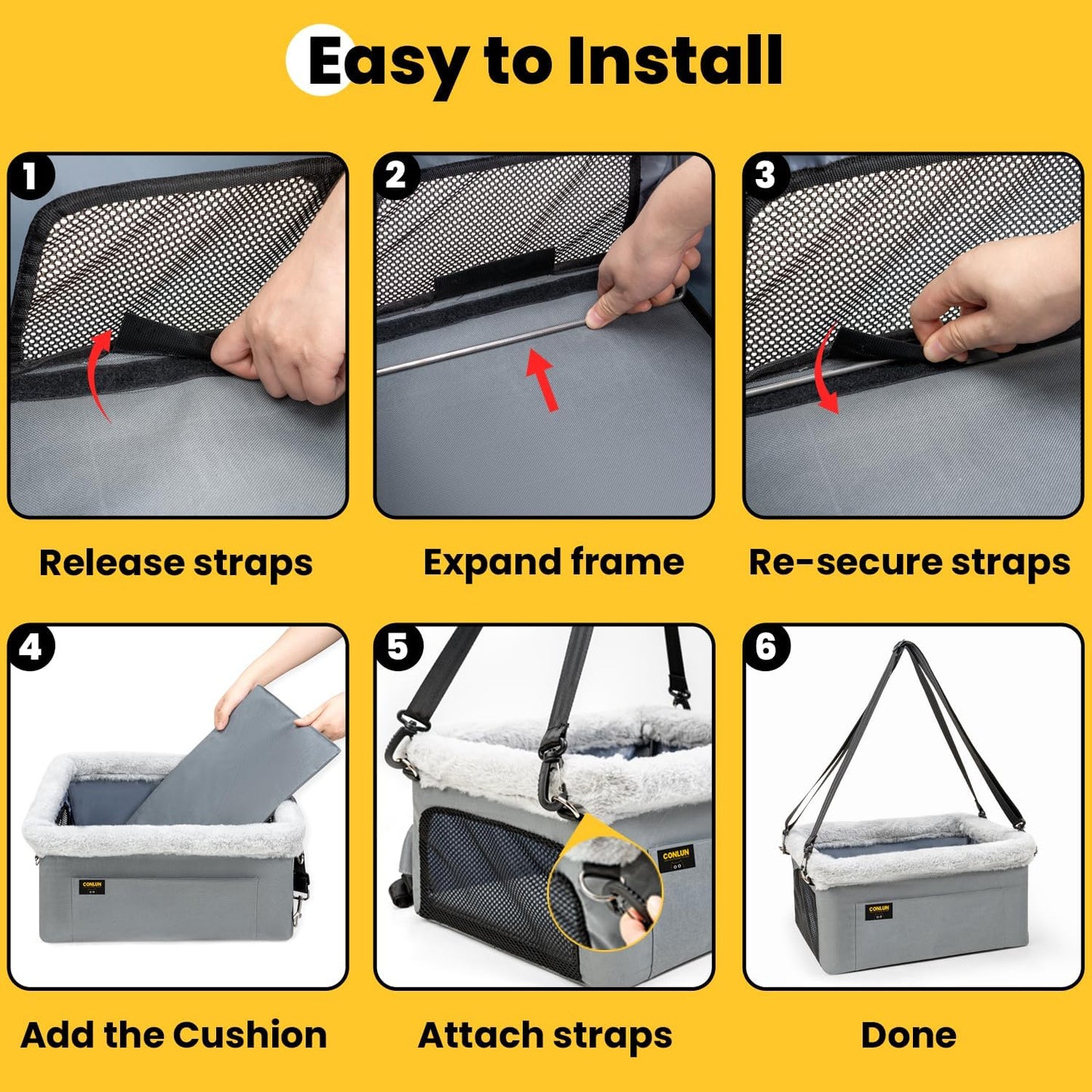 Conlun Dog Car Seat Booster for Small Pet Under 20lbs, Portable Travel Puppy Car Seat with Internal Steel Frame, Comfort Cushion & Storage Pockets, Adjustable Straps Fit Most Cars, Grey
