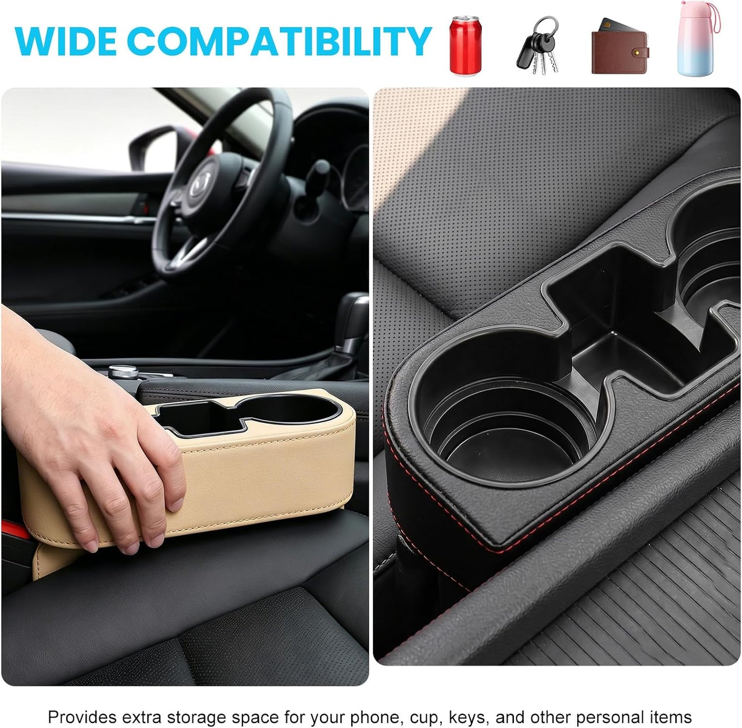 Car Seat Gap Filler Organizer, Multifunctional Auto Front Seat Storage Box with 2 Cup Holders, Auto Console Side Organizer Anti-Drop Gap Filler for Holding Phone Glasses Drinks (Beige)