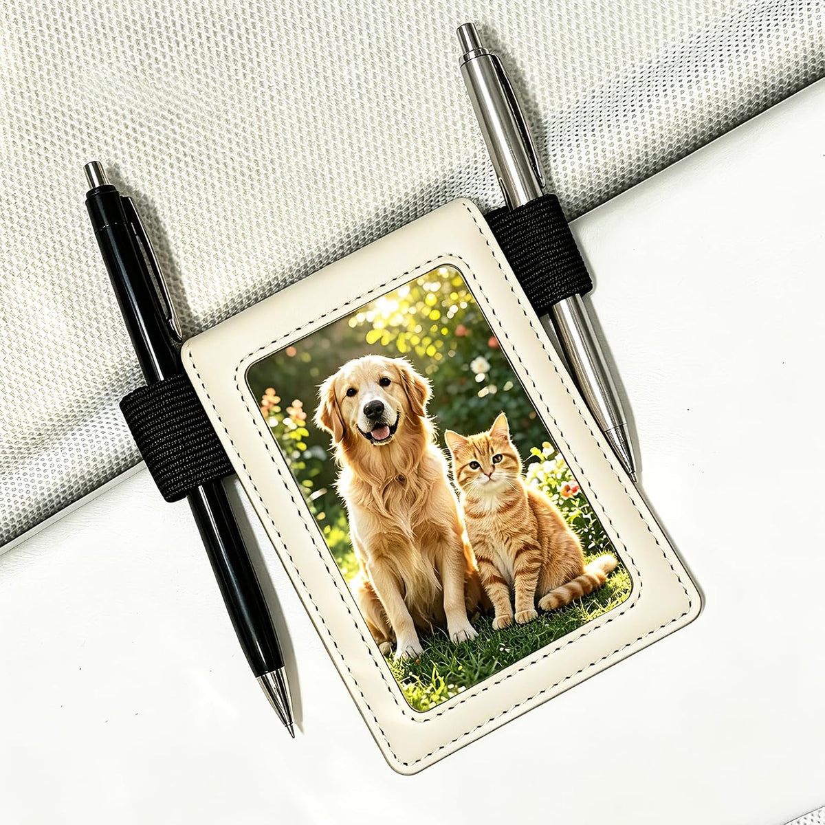 2 Pack Leather Car Picture Holder Photo Framed Elastic Car Visor Pen Holder Metal Visor Clip License Card Auto Trucks Van SUV Visor Organizer Accessories Gift (Picture and Pen Holder Beige)