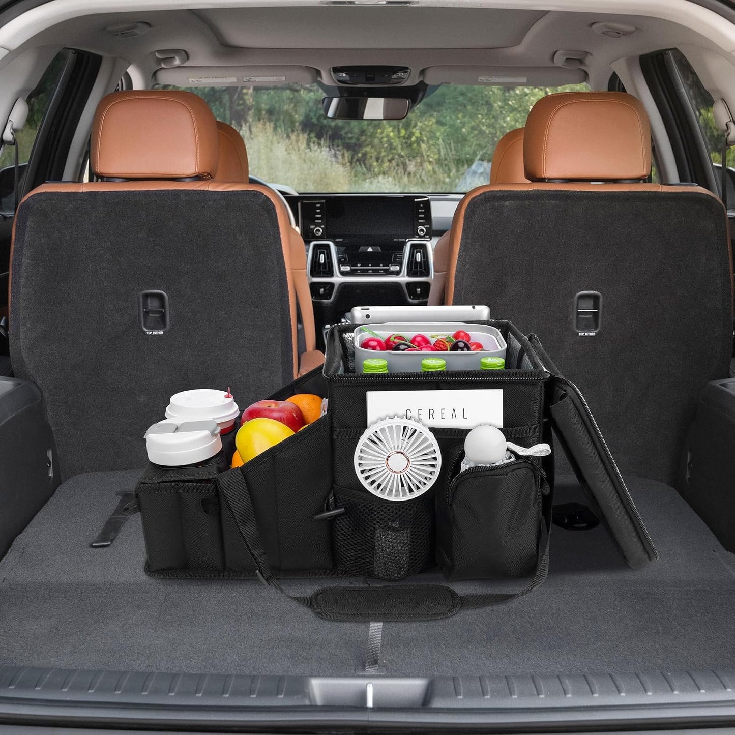 Car Hop Front Seat Organizer with Cup Holder, Movable Divider & Side Pockets, Passenger Seat Storage Caddy for Road Trip, Travel, Work or Kids, Fits Cars Trucks SUVs