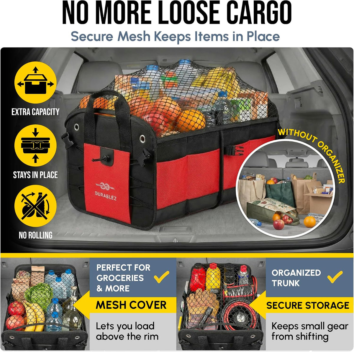 Large Car Trunk Organizer, Modular & Collapsible, 3 Compartment, Red