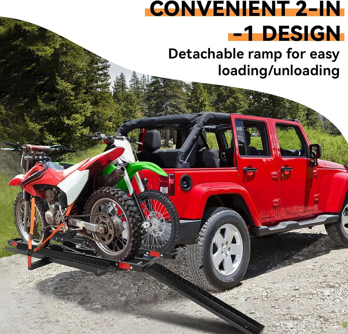 Dual Motorcycle Carrier for Hitch - Heavy Duty 2-Bike Motorcycle Hitch Carrier with Ramp - 600 Lbs Capacity for Dirt Bikes & e-Bikes, Fits 2" Receiver