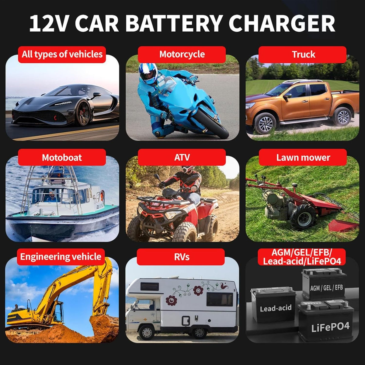 6 Amp Battery Charger, 12V Automatic Smart Battery Trickle Charger, Battery Maintainer Desulfator with Temperature Compensation for Car Truck Motorcycle Lawn Mower Marine