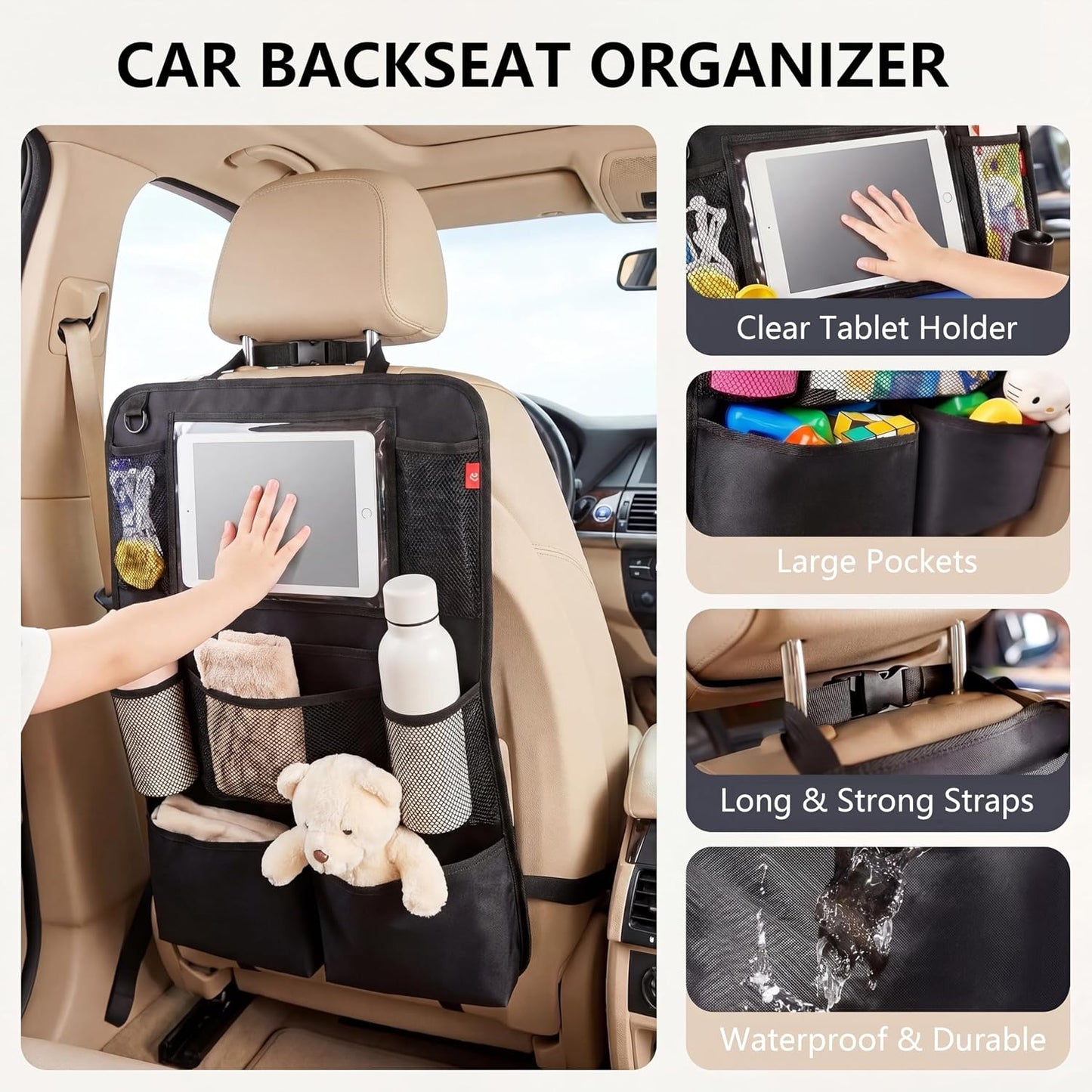 Backseat Car Organizer, backseat car organizer with 9 Pockets & Tablet Holder, Kick Mats for Car Seat Storage and Organization, 2 Pack, Black—Perfect for Travel.
