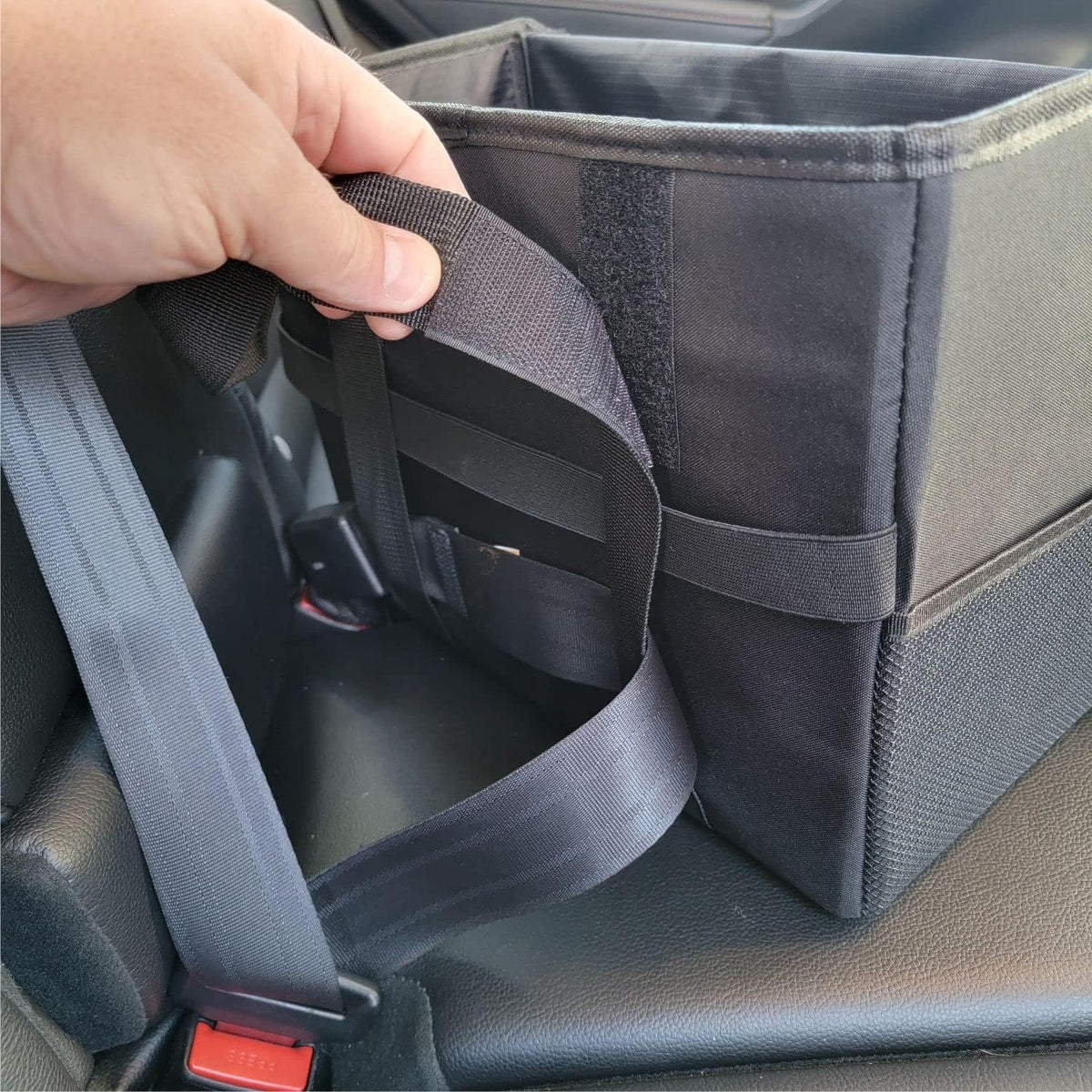 New Wider Tote Organizer, Collapsible with Elastic Strap for Easy Storage, Center Back Seat Container with Seat Belt Securing Loop. Tesla Accessories (Black XL Tote, 1 pack)
