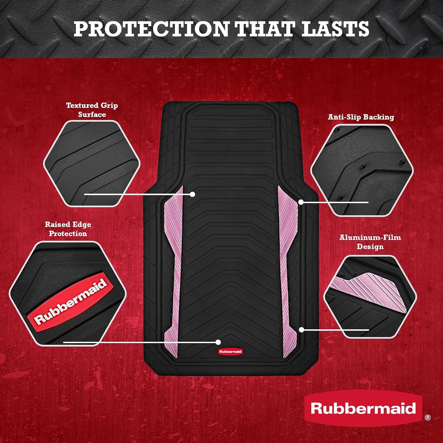 Rubbermaid Car Floor Mat, Heavy Duty All-Weather Car Mats Full Set with Dual-Tone Pink Aluminum Inserts – Universal Fit, Anti-Slip Backing, Trim-to-Fit for Most SUV, Sedan, Van