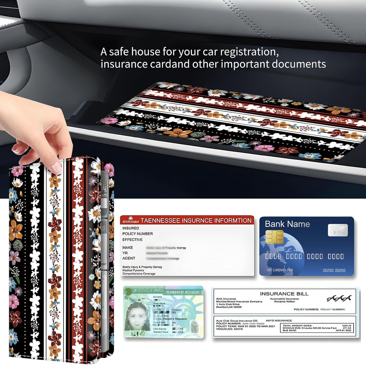 Premium Car Registration and Insurance Card Holder, Cute PU Leather Car Document Holder, Vehicle Glove Box Car Organizer with Magnetic Closure for Driver License, Cards Stripe Floral