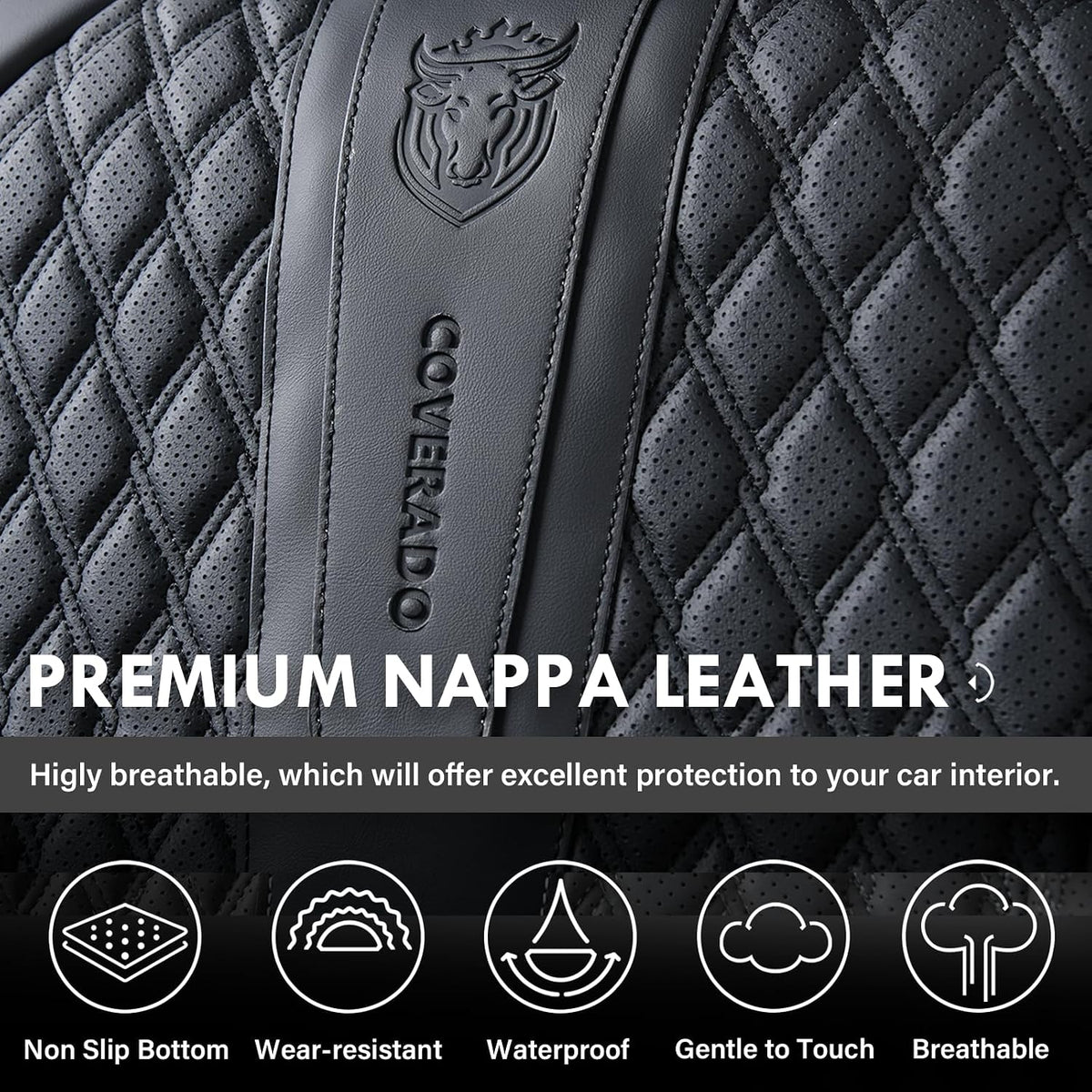 Coverado Car Seat Covers Full Set, Black Seat Covers for Car with Lumbar Support, Nappa Leather Seat Covers Waterproof Car Seat Protectors Universal Fit for Most Cars SUV Trucks