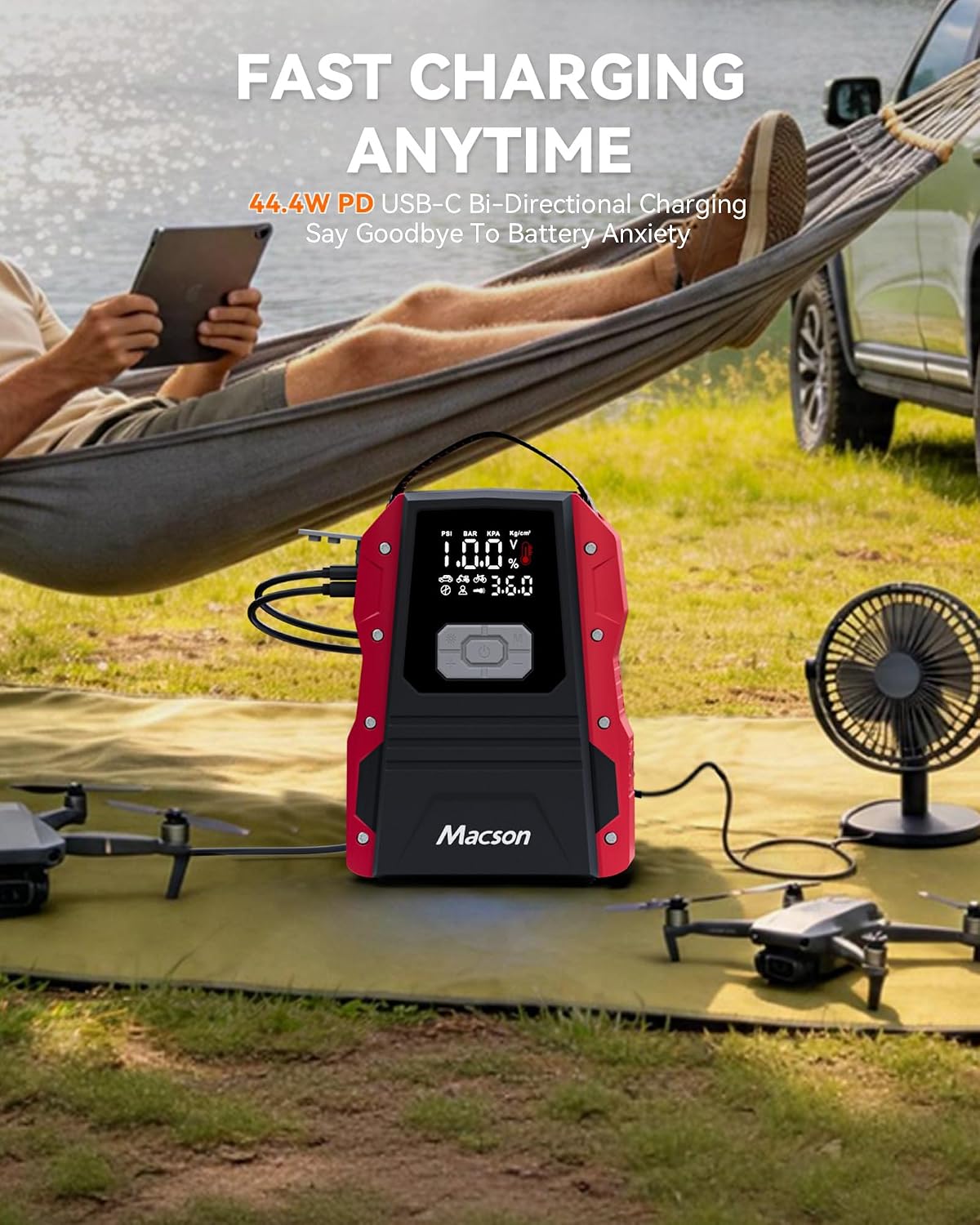 5000A Jump Starter with Air Compressor - Portable 12V Jump Box Battery Pack for 9.0L Gas/8.0L Diesel Engines, Car Jumper Starter Portable with 150PSI Tire Inflator, LED Screen, Fold-Up LED Flashlight