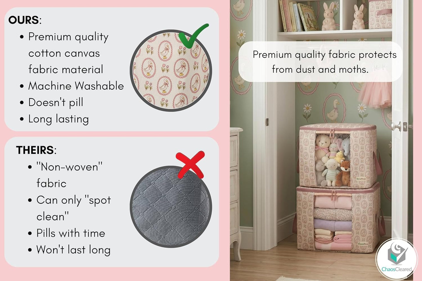 Chaos Cleared Kids Storage Bags – 100% Cotton Canvas Toy & Clothes Organizer with Cute Design – Storage Bin for Stuffed Animals, Baby Items & Clothes with Zipper & Handles (Pink Duck Print)