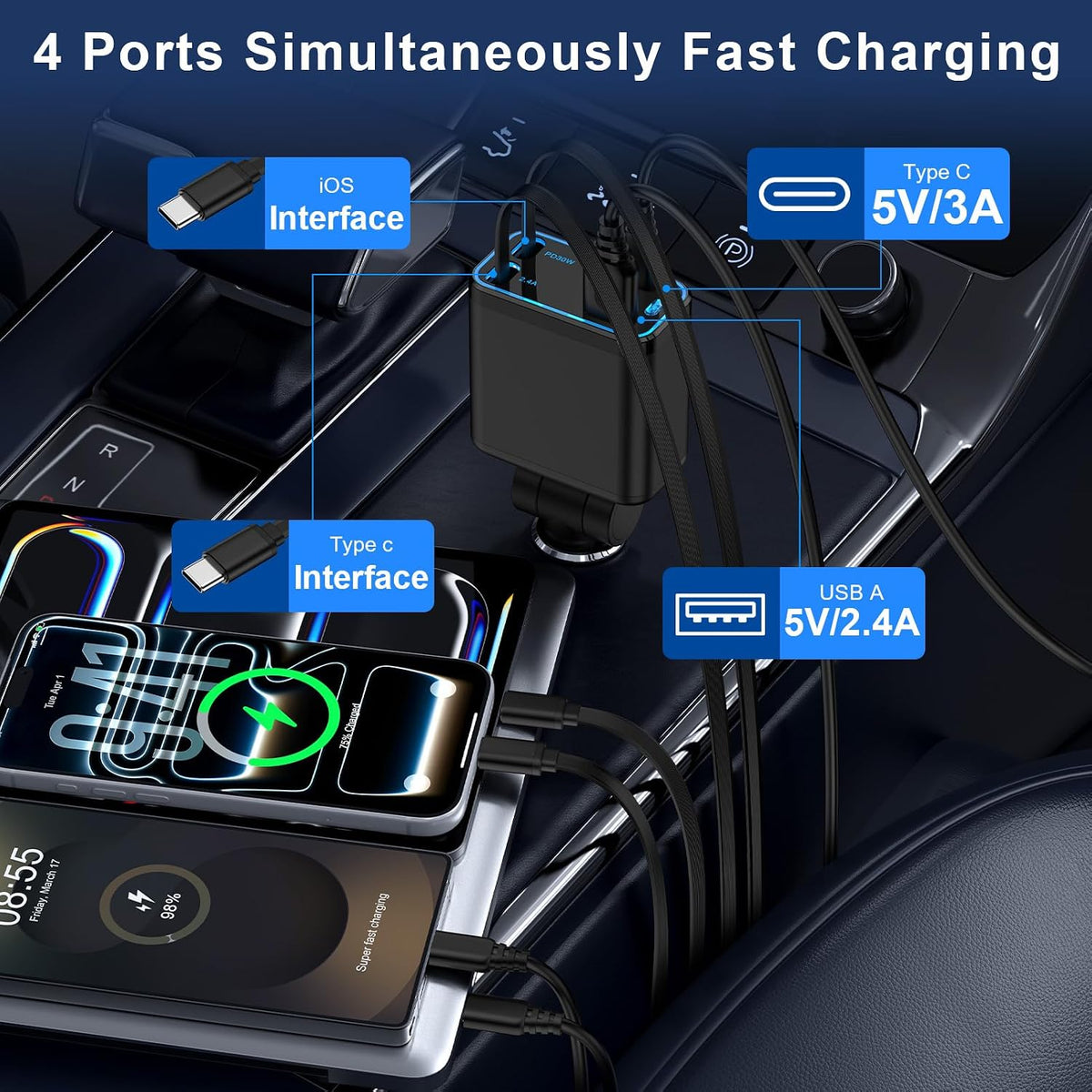 Retractable Car Charger with Starlight for Samsung Galaxy S26 Ultra/A17/A16