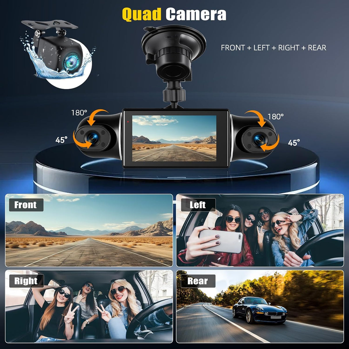 360° 4 Channel 1080P Dash Cam Front and Rear Inside,3” Dash Camera for Cars Car Camera with WiFi,APP Control,IR Night Vision,Loop Recording,G-Sensor,Parking Assistance,24H Parking Monitor