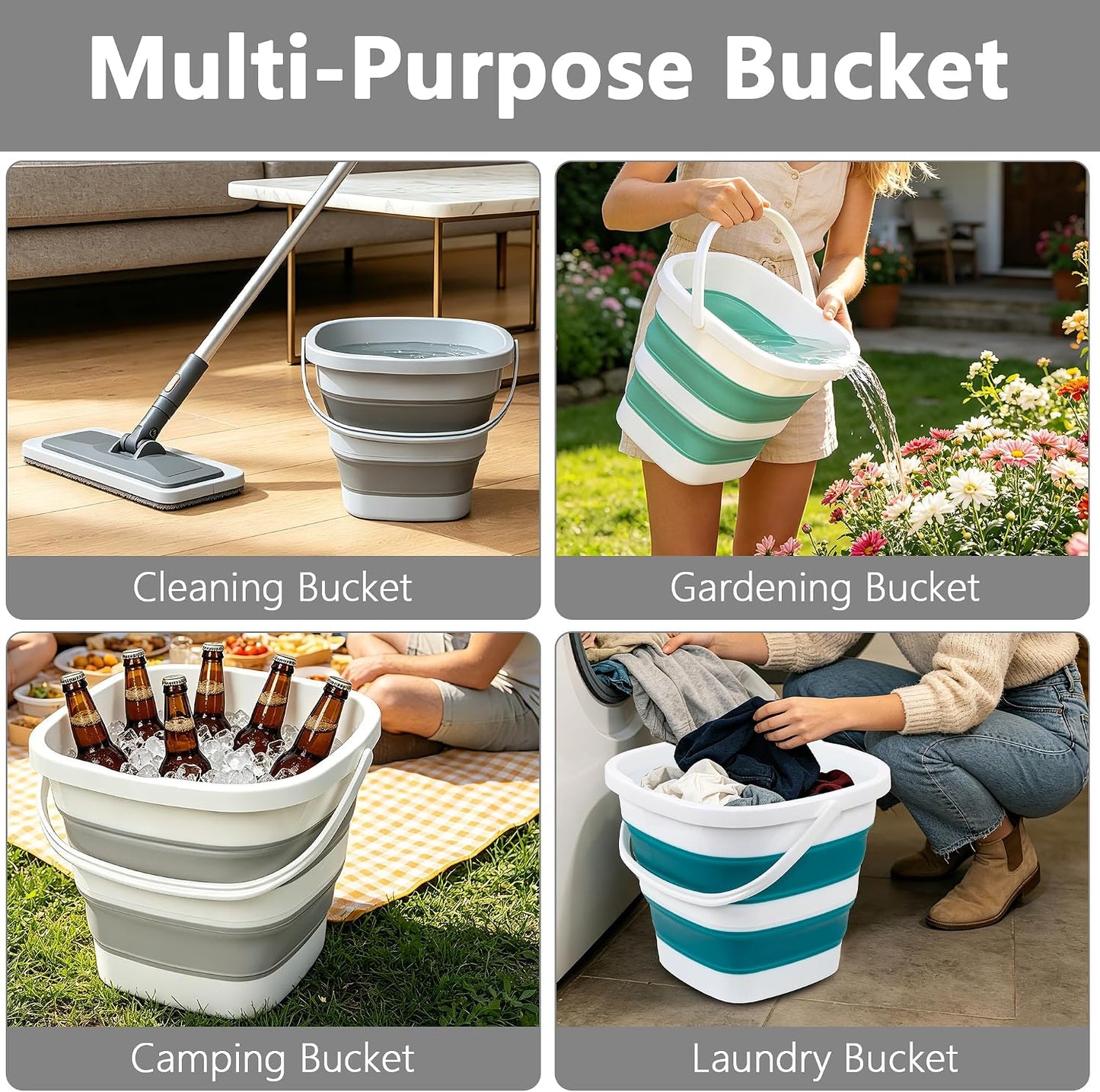 Collapsible Bucket, 2.6 Gallon 10L Mop Bucket for Cleaning, Car Washing, Portable Plastic Tub for Camping, RV, Beach, Fishing, Garden, Indoor and Outdoor Space Saving Wash Basin Ice Buckets