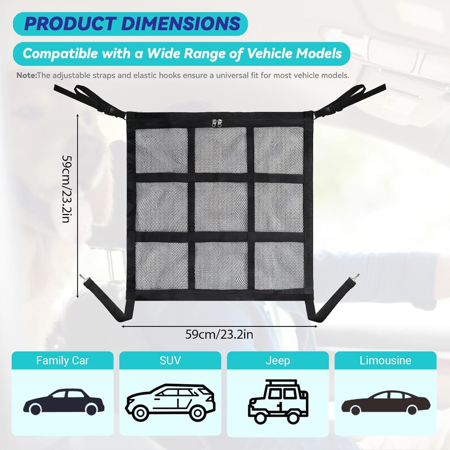 Dog Car Barrier,9-Grid Reinforced,Easy-Install Car Net for Dogs | Dog car net barrier, double mesh & zipper storage, dog barrier for suv sedans trucks, dog net for car ensures driving safety.