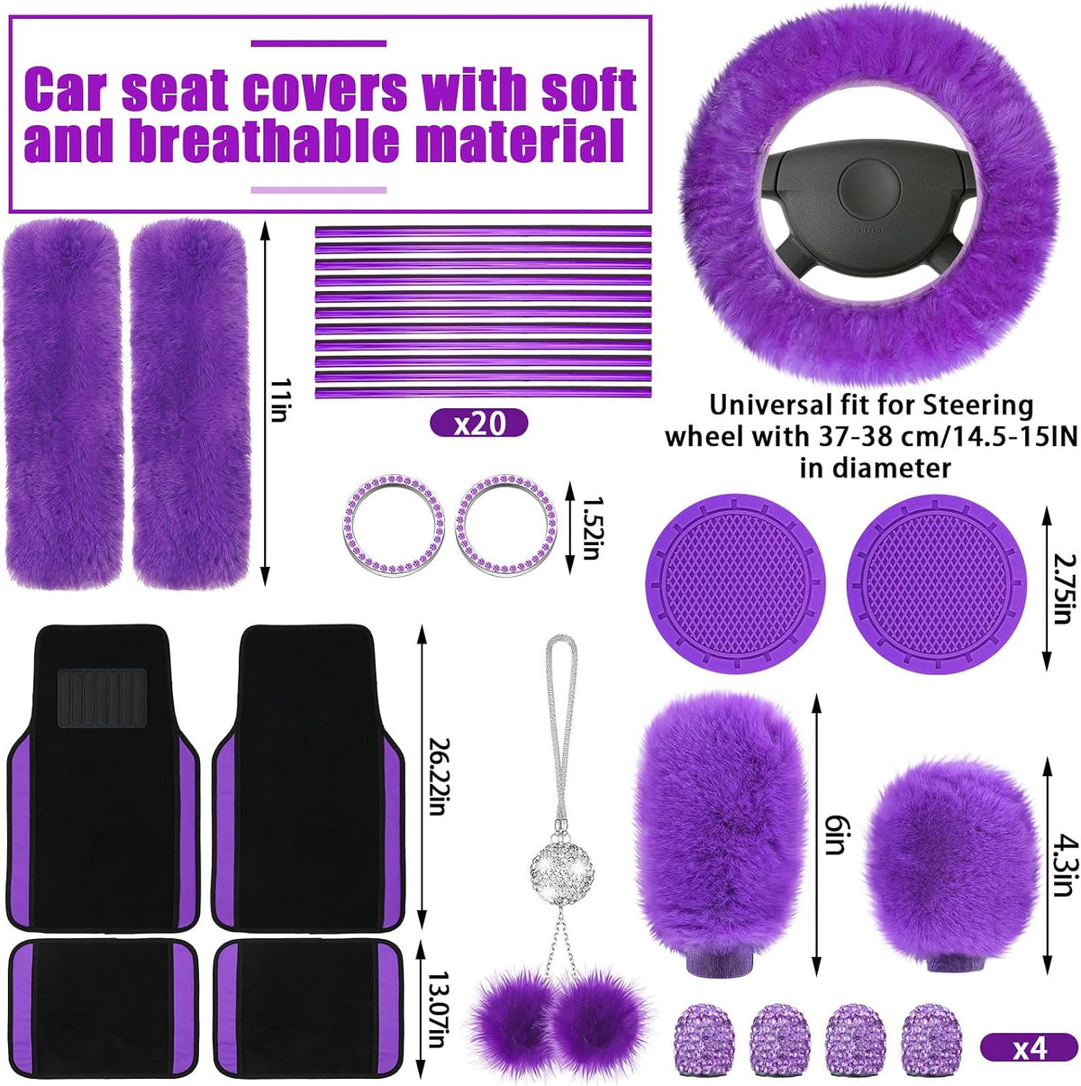 Woanger 47 Car Seat Cover Full Set Car Accessories for Women, Purple Black