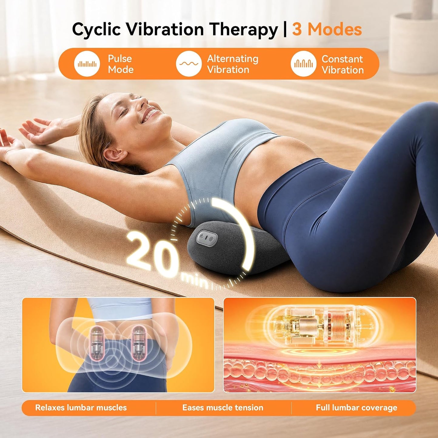 Yunari 2026 Upgraded Cordless Triple Fusion Back Massager, Lumbar Support Pillow with Heat, Vibration and Dual Airbag Stretching, Ideal for Home, Office, Car and Travel(Gray,5.79"/10.91"/7.68")