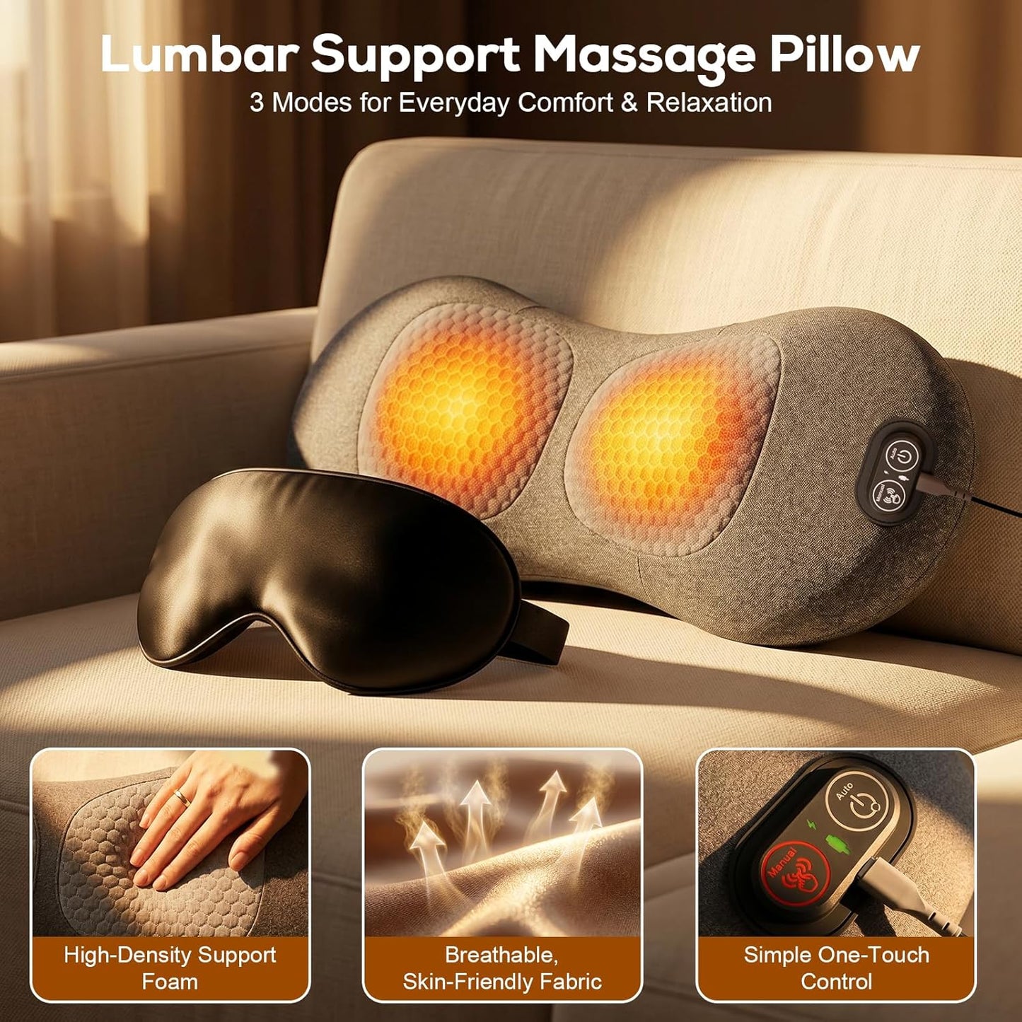 2026 Upgraded 3-in-1 Lumbar Support Pillow with Heat, Vibration & Stretching, Ergonomic Electric Lumbar Pillow with 3D Eye Mask, Portable Lower Back Support Cushion for Home, Office, Car & Travel