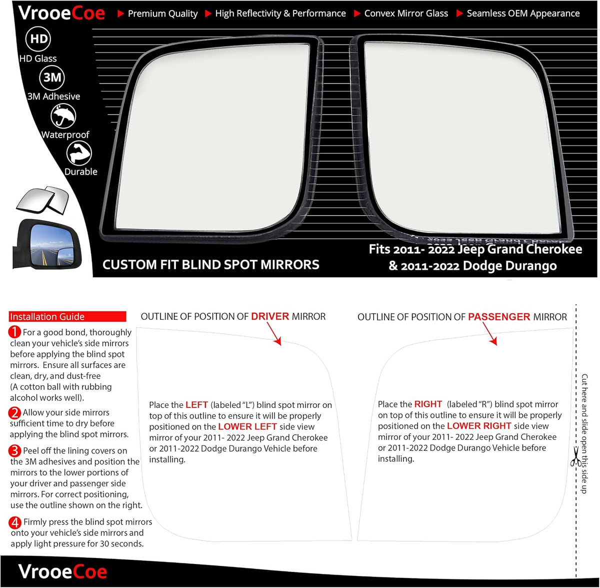 Convex Stick On Custom Fitted Blind Spot Mirrors Compatible With 2011-2022 Jeep Grand Cherokee & 2011-2022 Dodge Durango