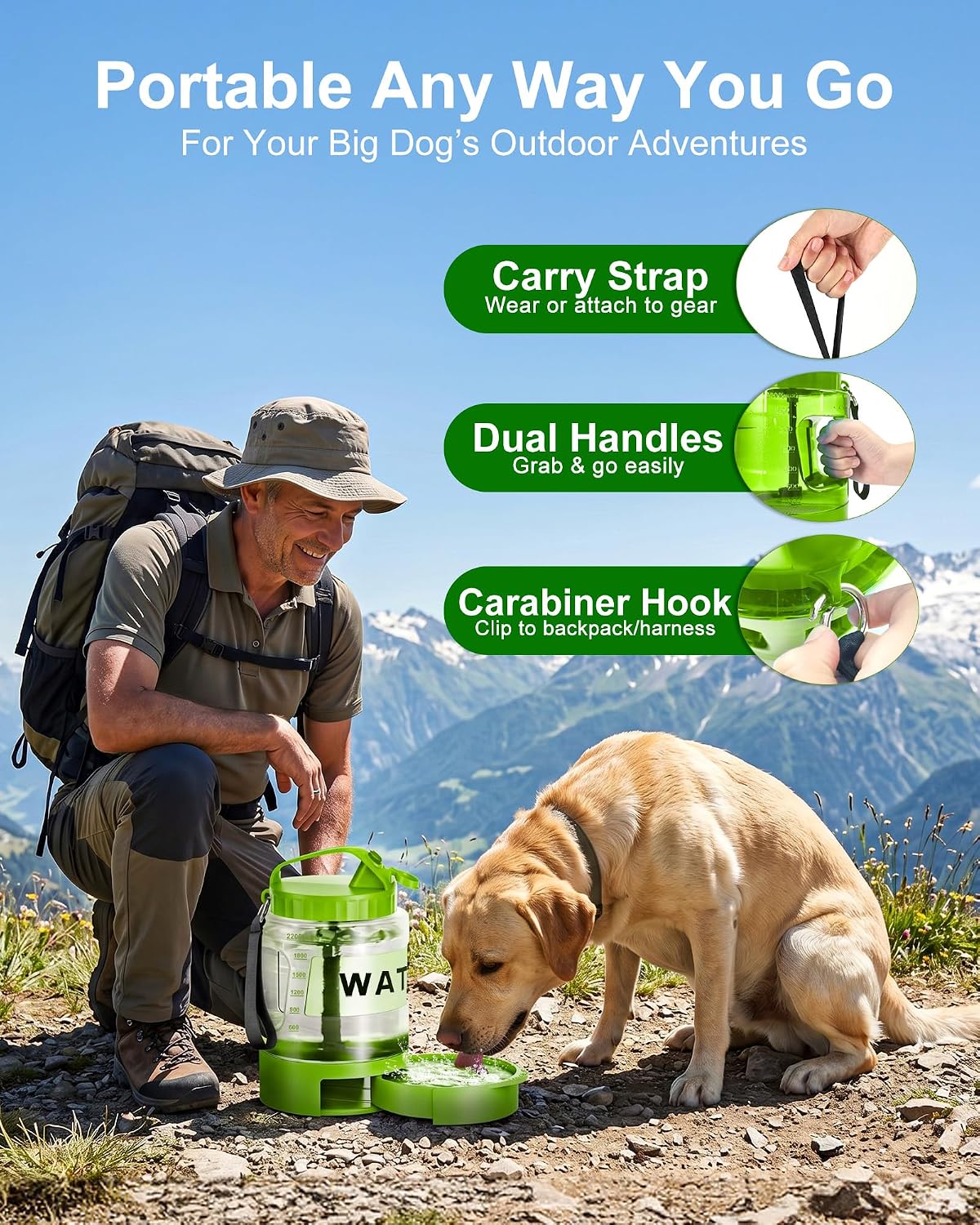 77oz Dog Water Dispenser, 2.2L Large Portable Dog Water Bottle with Pull-Out Drinking Bowl, BPA Free Leak-Proof Pet Travel Water Container for Camping, Hiking, Beach, Car Travel Essentials