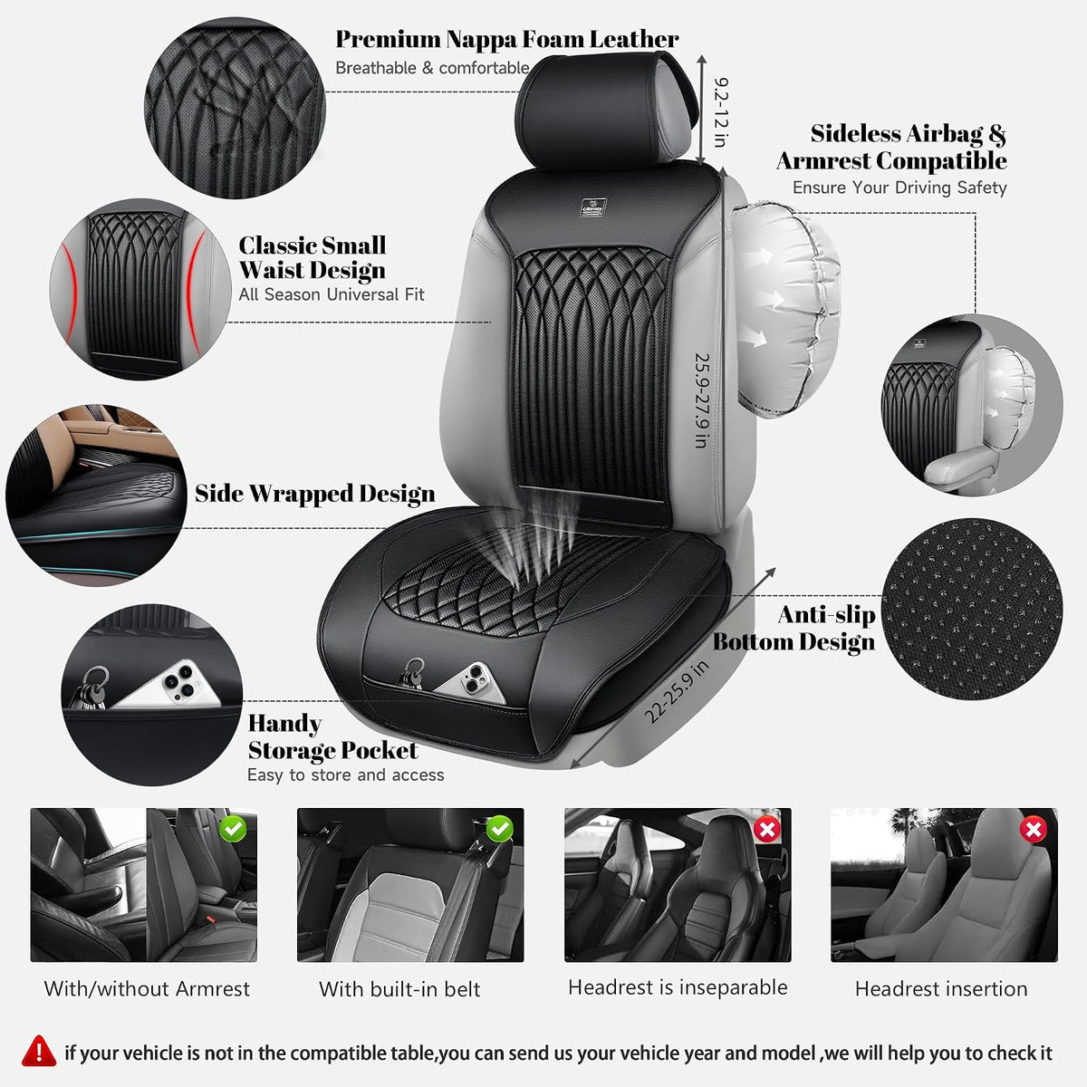 CAR PASS Car Seat Protector, Sideless Seat Covers for Cars, All Season Waterproof Nappa Leather Breathable Front Seats Cushion with Storage Pocket Universal Fit Vehicle Car SUV Truck, 2 Pack All Black
