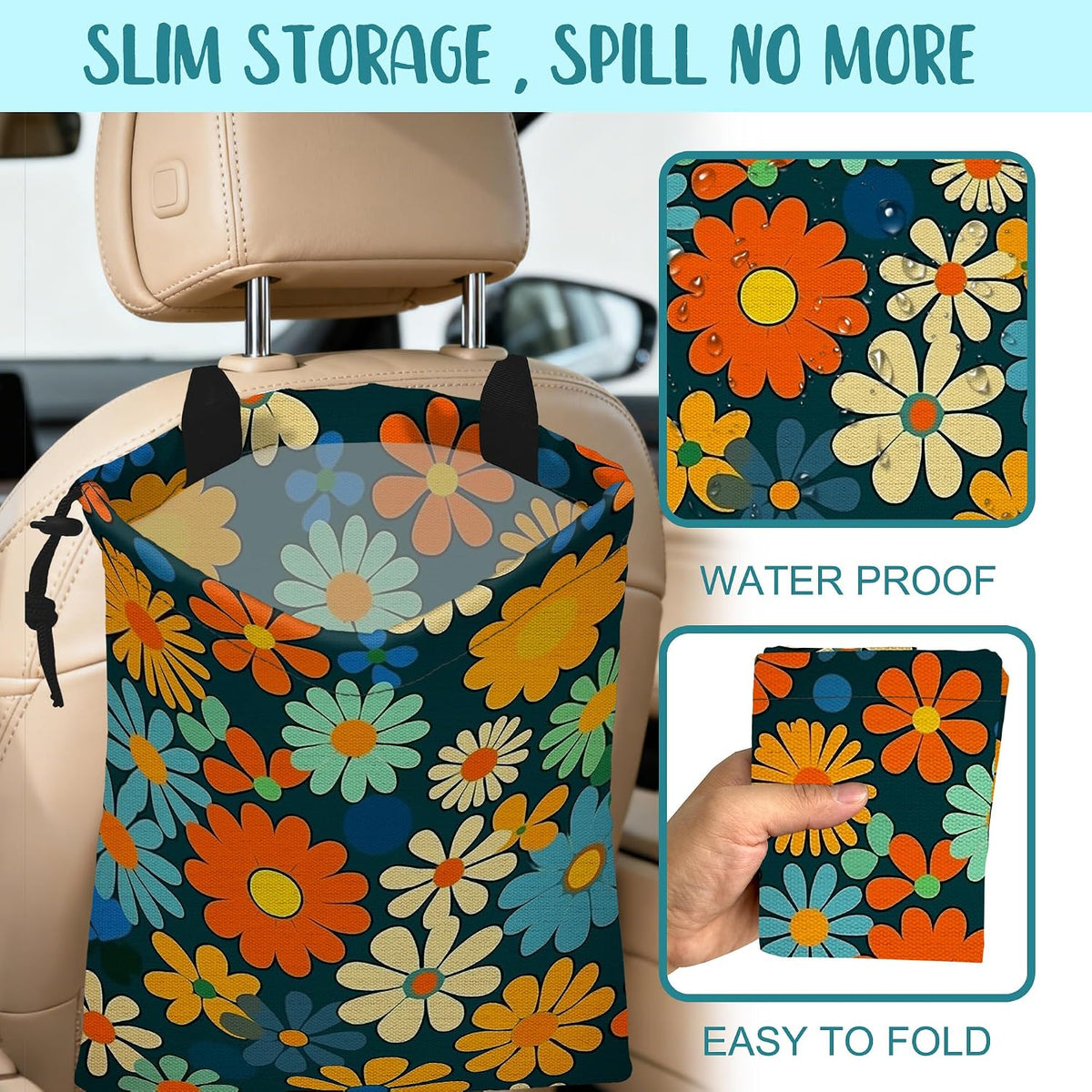 Car Trash Bag Colorful Daisy Flowers Leak-Proof Car Garbage Bag with Drawstring Foldable Canvas Trash Bin with Adjustable Buckle for Car Accessories, Travelling, Camping