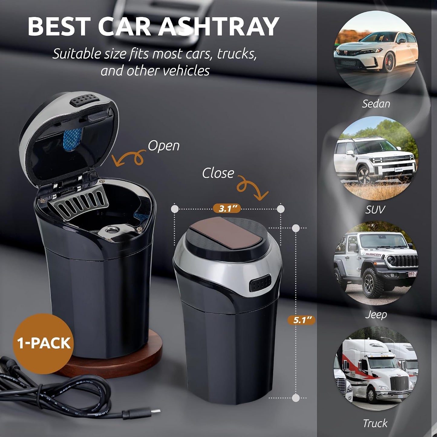 TAKAVU Car Ashtray, Detachable Stainless Lid, Blue LED & Lighter (Silver) | Easy Clean-Up Detachable Ashtray, Fits Most Vehicle Cup Holders, Removable Lighter & Illuminated Lid