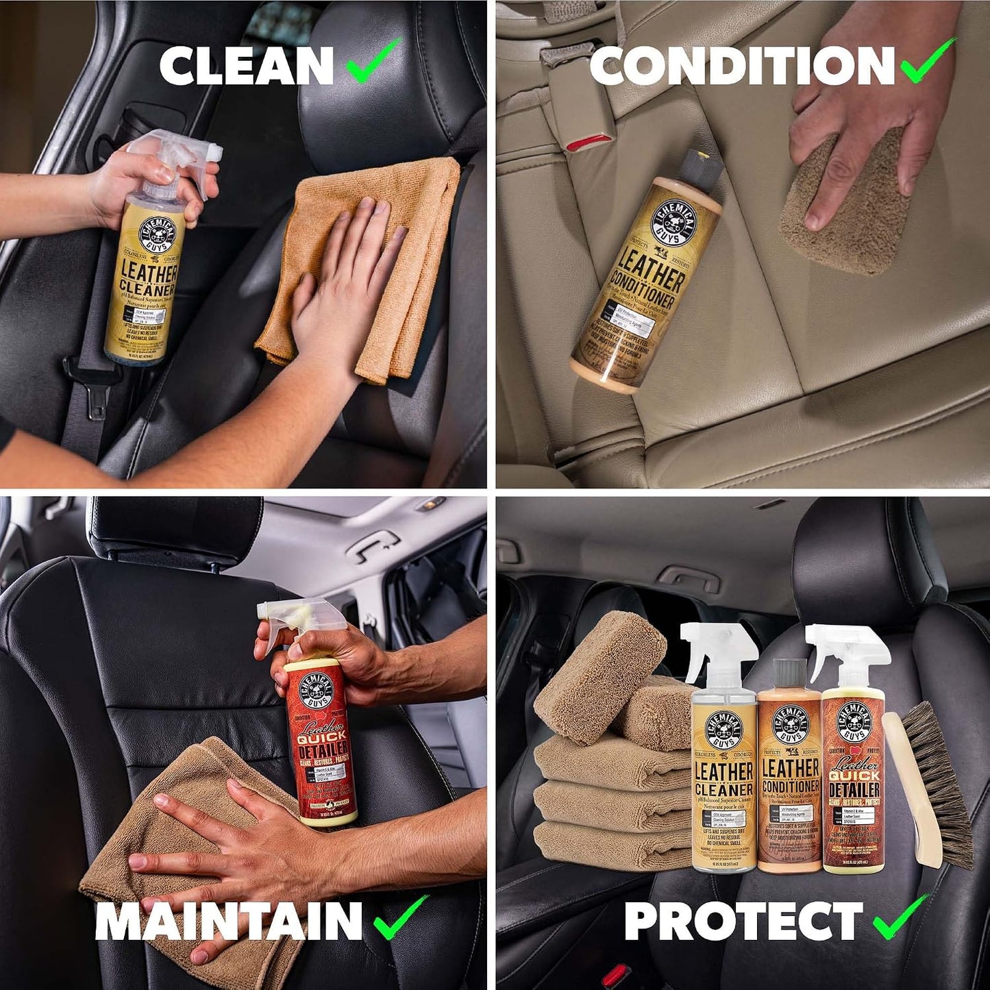 Chemical Guys, 9-Piece Leather Cleaner &amp; Conditioner Kit for Car Interiors | Cleans then conditions seats, furniture, jackets and boots, brushes and towels included for many leather types