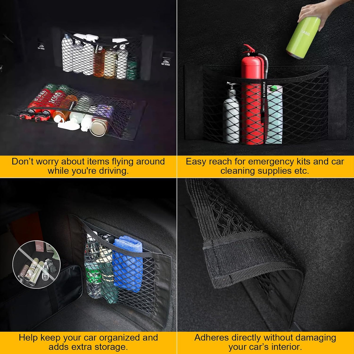 PIFOOG 4Pcs Car Storage Net Pockets, Stretchable Mesh Cargo Net Organizer with Adhesive Hook and Loop Strips, Universal Trunk Back Seat RV Camper SUV Truck Storage Pouch, 11.8" x 9.8" & 15.7" x 9.8"