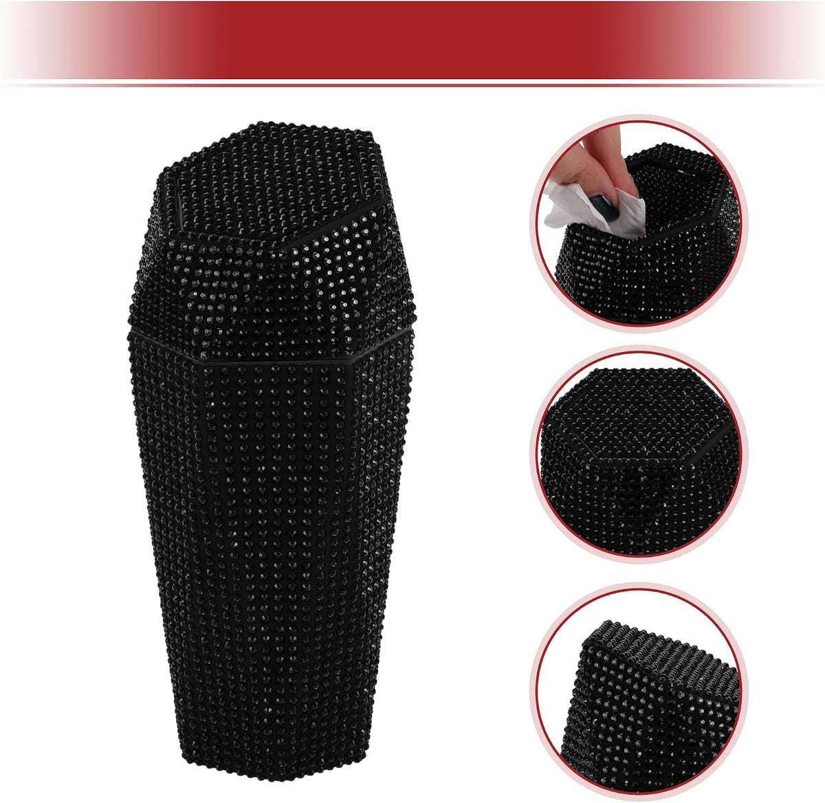 ACROPIX Car Trash Can Trash Bin Rhinestones Portable 3.5" Length 3.1" Width 7.9" Height Black Rhinestone Plastic