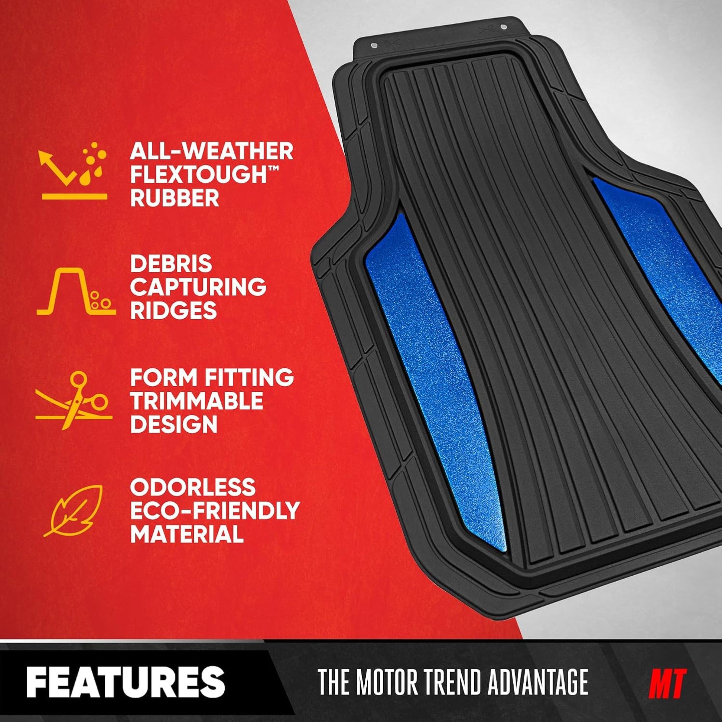 Motor Trend ChromeTech Car Floor Mats Full Set - Durable Rubber Floor Mats for Cars with Two Tone Accent, All Weather Interior Protection for Front and Rear with Non-Slip Backing, Black/Blue