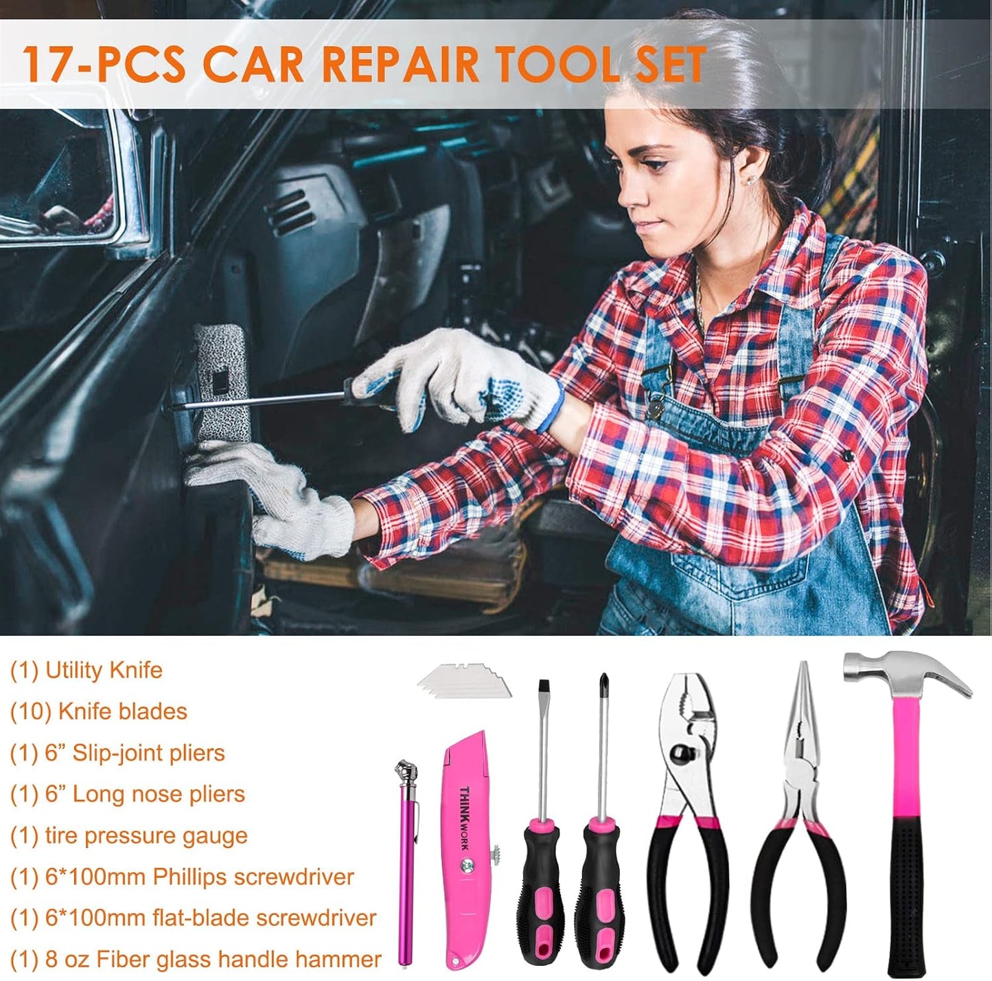 THINKWORK Car Emergency Kit for Teen Girl and Lady's Gifts, Pink Emergency Roadside Assistance kit with Pink Car Tool Set, 10FT Jumper, First Aid Kit, and More Ideal Pink Car Accessories Tool - E8