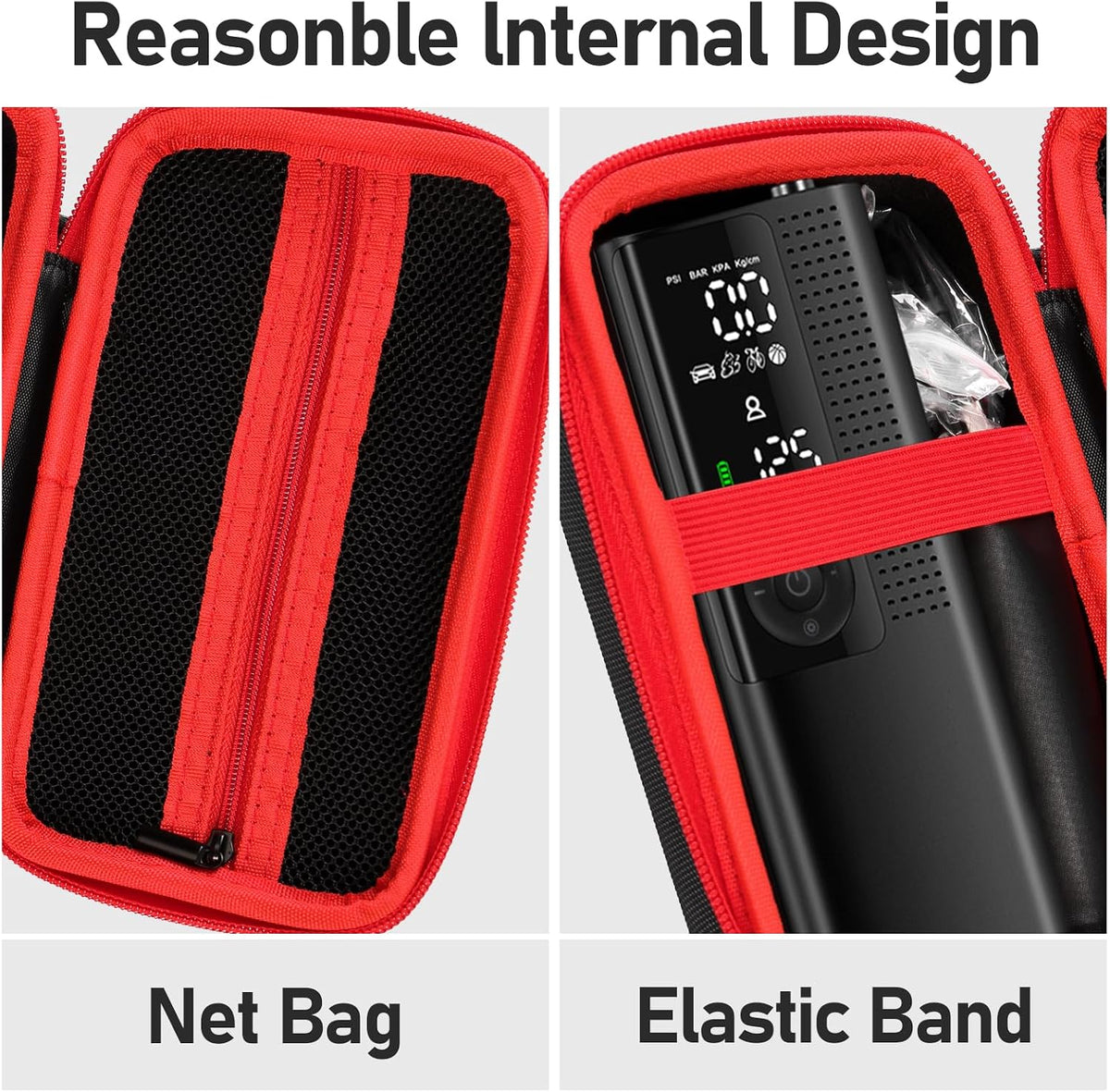 Case for Airmoto for MODARI Tire Inflator Portable Air Compressor Case,120 PSI Air Pump,Car Tire Pressure Gauge (150 PSI) Storage Bag, Air House, Connector and Accessories (Box Only)-(Black+Red)