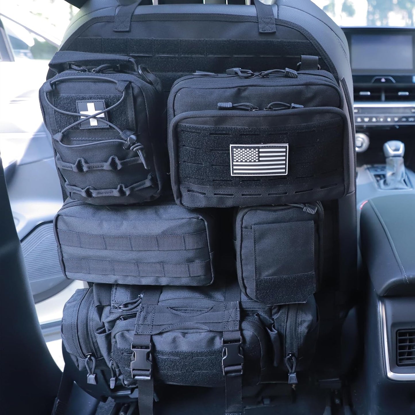 Universal Tactical Car Seat Back Organizer Bag Tactical Molle Vehicle Organizers Panel Vehicle Protector Organizers with 5 Detachable Pouches for Car Truck Ford Jeep (Upgraded C model Black)