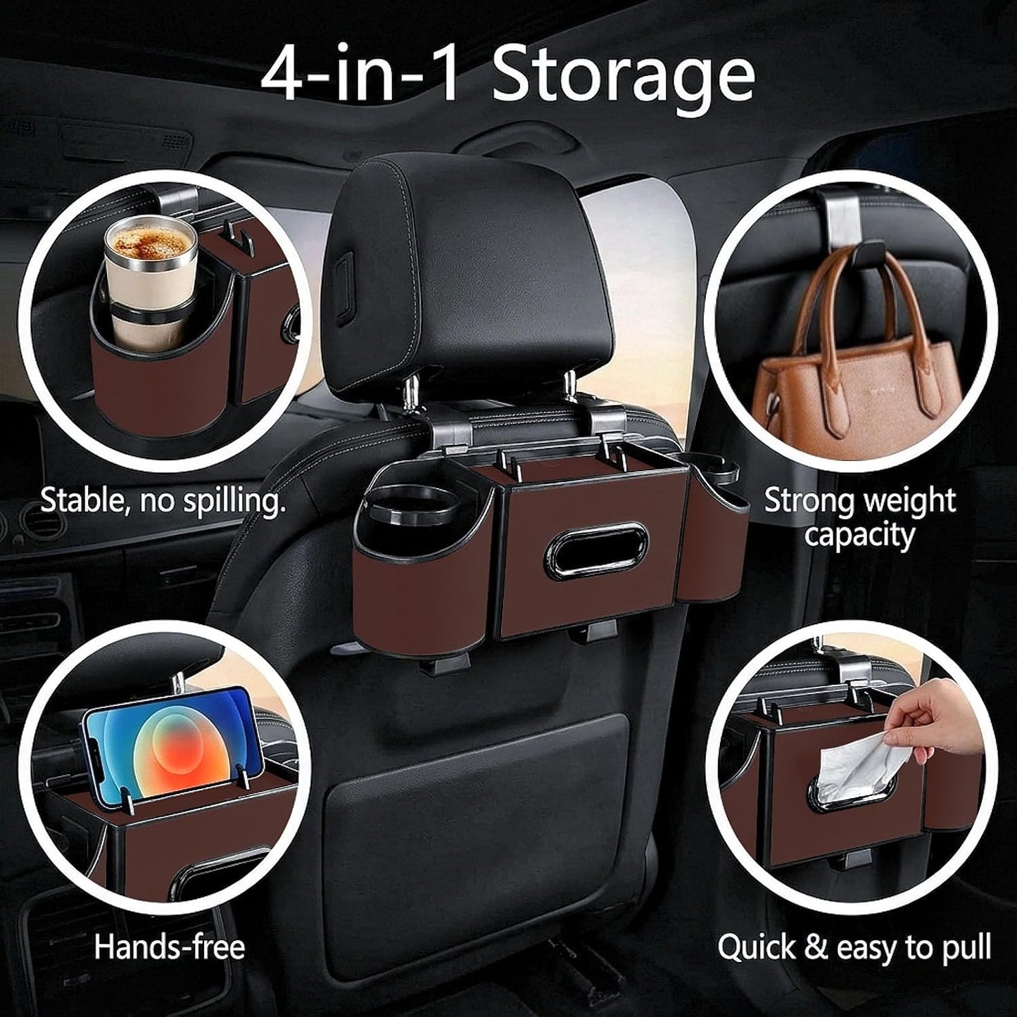 Back Seat Car Organizer, Nappa Leather Car Seat Organizer with Cup Holders and Tissue Box, Premium Hanging Storage Bag for SUV Truck Road Trip (Brown)