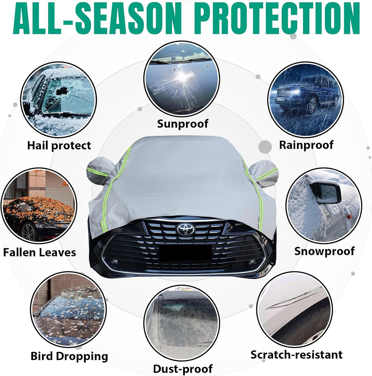 Half Car Cover Sedan with Green Reflective Strip, Hail Protector Car Cover with Cotton Liner, Sunroof & Windshield Cover for Ice and Snow, All Weather Car Body Cover for Sun, Rain, Dust