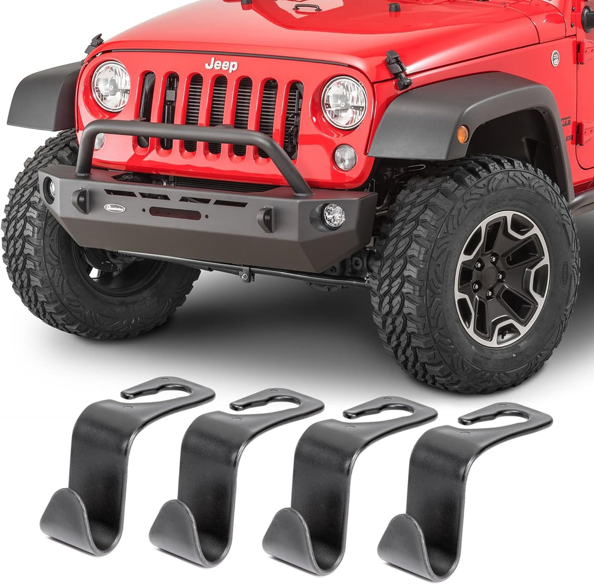 TACTIK Headrest Hooks - Fits Jeep Wrangler CJ, YJ, TJ, JK, JL & Gladiator JT - Sold as a Set of 4 - Hang Groceries, Purses, Backpacks, Coats, Hats, Clothes, Umbrellas - Quick & Easy Installation
