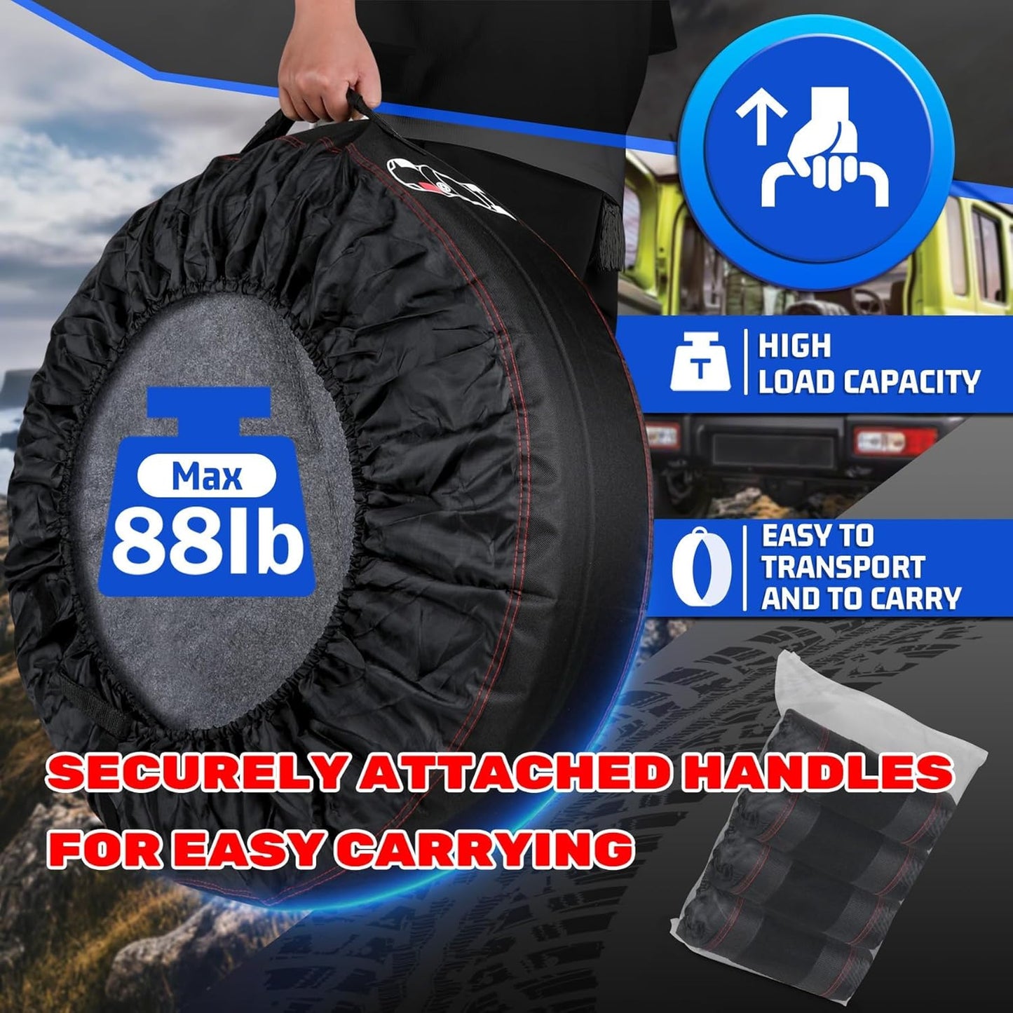 Tire Storage Bags for Cars, Portable Tire Tote for Seasonal Tire Change, Handle for Easy Transportation, Universal Spare Tire Covers Fit 21–32 Inch Diameter Tires, Set of 4, Black