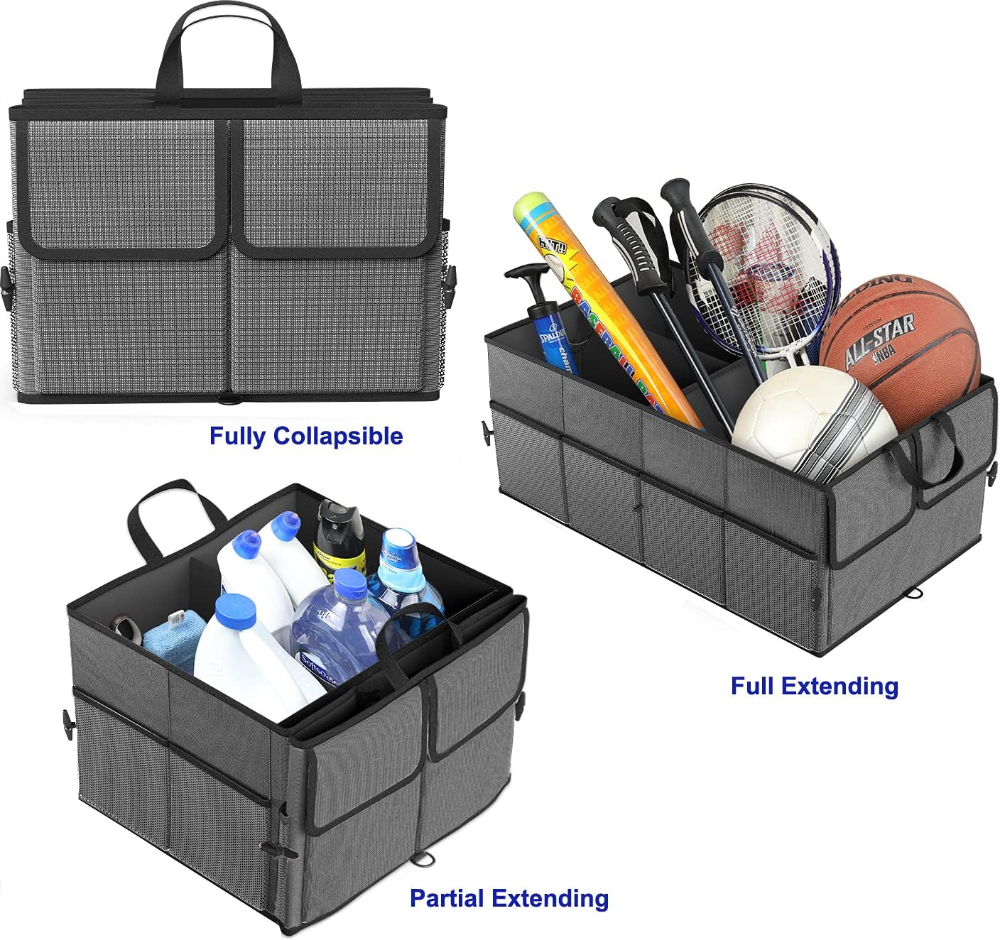 EPAuto Foldable Car Trunk Organizer for SUV, 3-Compartment, Dark Gray | with Removable Divider, Side Pockets and Securing Straps
