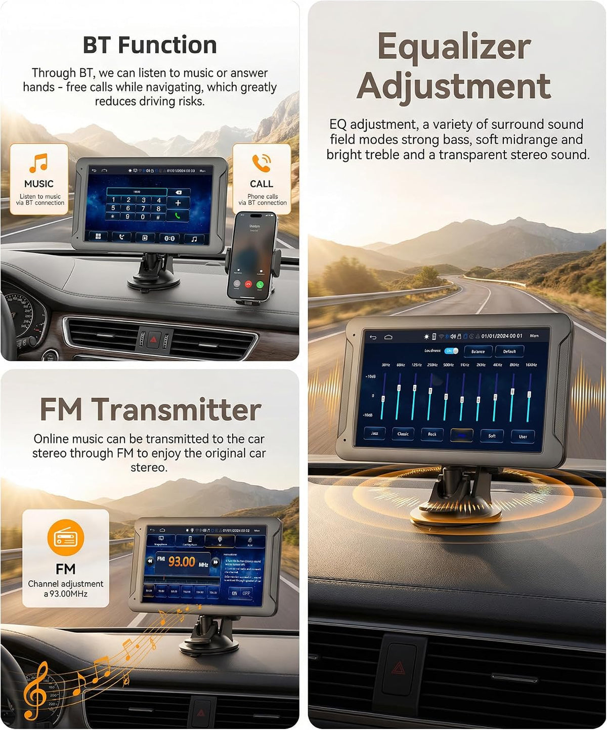 7-Inch HD IPS Portable Carplay Screen for Car, Wireless CarPlay & Android Auto, Bluetooth Music & Call, Wireless Screen Mirroring, CVBS Rearview Camera Compatible with Adjustable Brightness